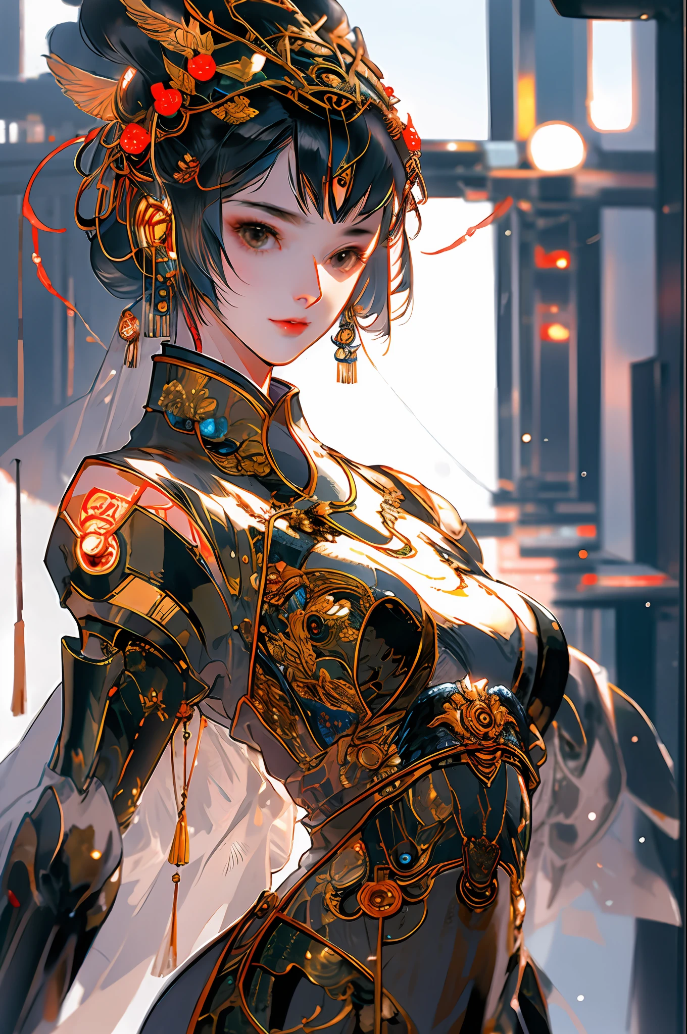 A beautiful girl, full body, gentle eyes, clear facial features, amazing facial features, ancient Chinese costumes, Chinese cyberpunk, cyberpunk city, headdress, hair accessories, super complex design, mechanical mecha, technology, stunning lighting, C4D, OC rendering, cinematic edge light, fine light, masterpiece, super detail, epic composition, ultra HD, high quality, 32k