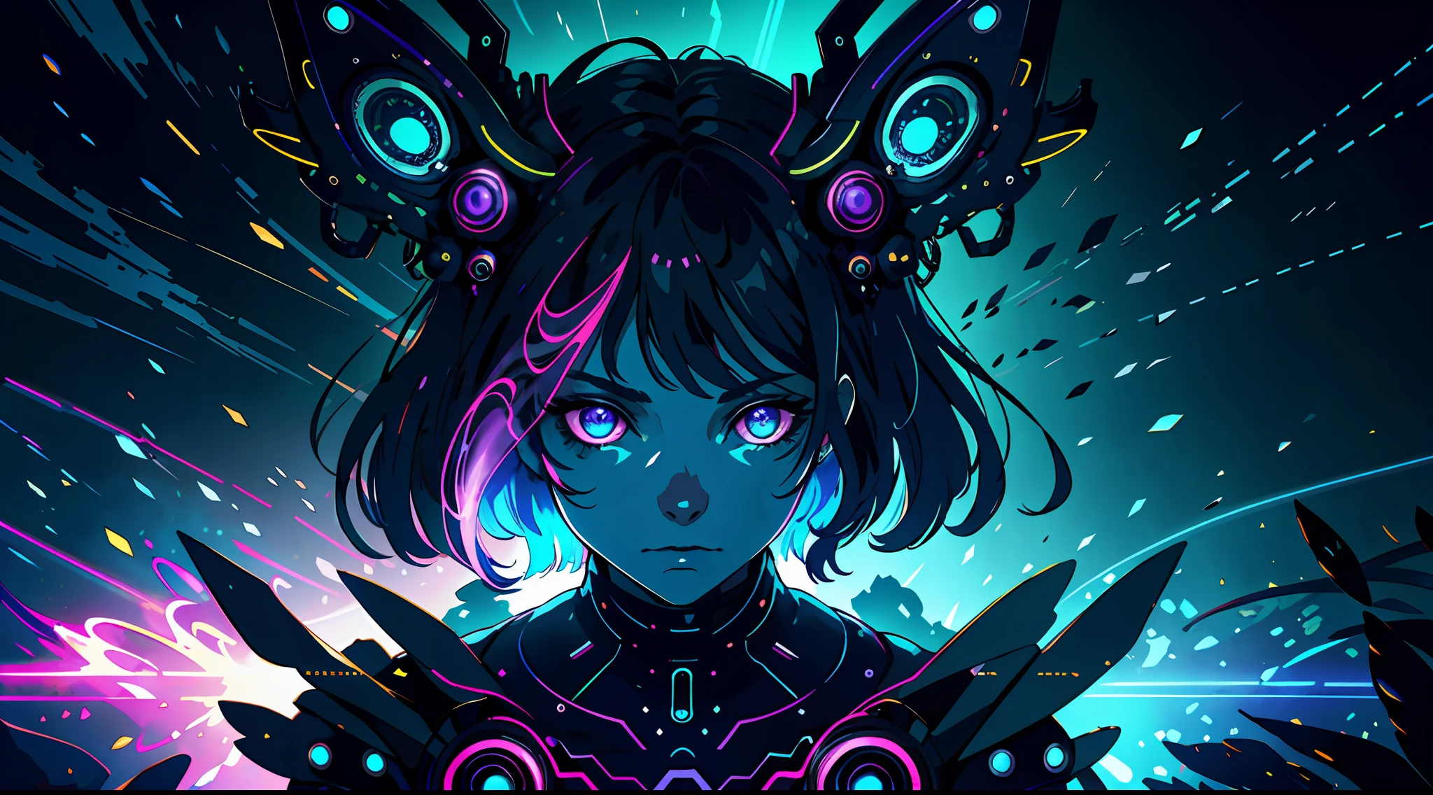 Portrait | Wide angle shot of eyes to one side of the frame, lucid dreamy woman, looking from afar::8 styles | Daydream punk with glowing skin and eyes, styling headdress, beautiful, she drops in neon, very colorful blue, green, purple, bioluminescence, glowing :: 8 backgrounds | forest, vivid neon wonderland, particles, blue, green, purple ::7 parameters | rule of thirds, golden ratio, asymmetrical composition, hypermaximization, octane rendering, photorealism, cinematic realism, Unreal Engine, 8K, wide-angle lens