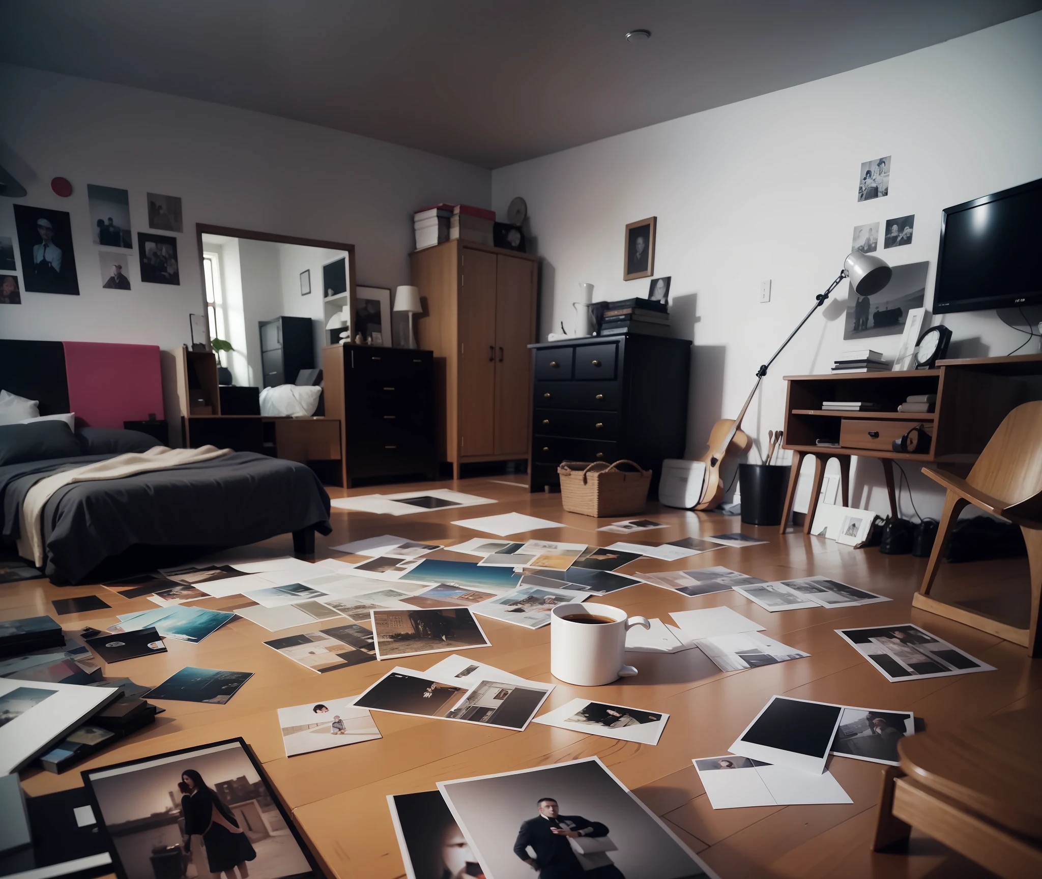 Photos scattered throughout the room