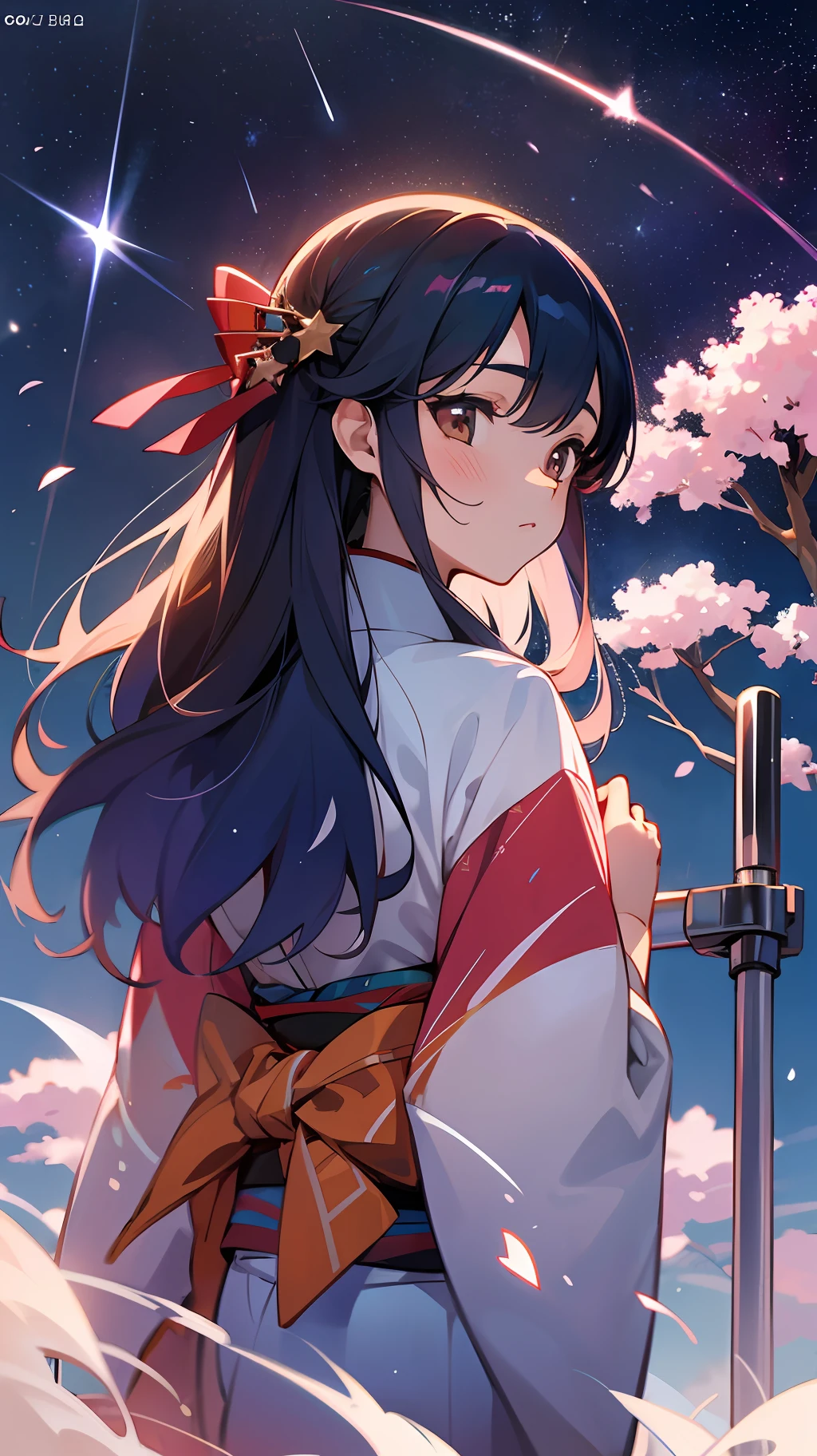 1 girl, distant girl gazing at the stars in kimono, (zoom down: 1.1), (meteor shower: 1.2), (comet: 1.1), your name, low angle, from behind, arctic wild cherry blossoms, shooting stars, yukata, red kimono, cherry blossoms, standing in the field, best quality, masterpiece, clouds, colorful, stars, --auto --s2