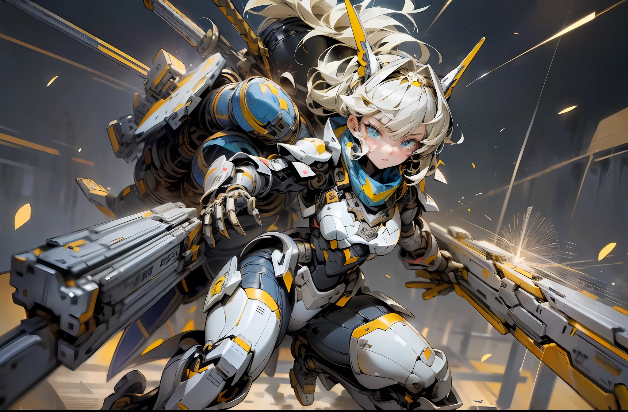 Young woman. Mecha Girl. Full body mechanized armor. Fully equipped. Very heavy machine armor. Holding weapons, random coloring, yellow eyes, action pose. combat, battle, serious, (meteor shower background), ((masterpiece)), ((highest quality)), (super detailed), ((very detailed)), 4k, (8k), battlefield background, (complex mechanized armor), (perfect mechanized armor), ((perfect face)), beautiful eyes, (((perfect eyes)), bold light, (perfect background),