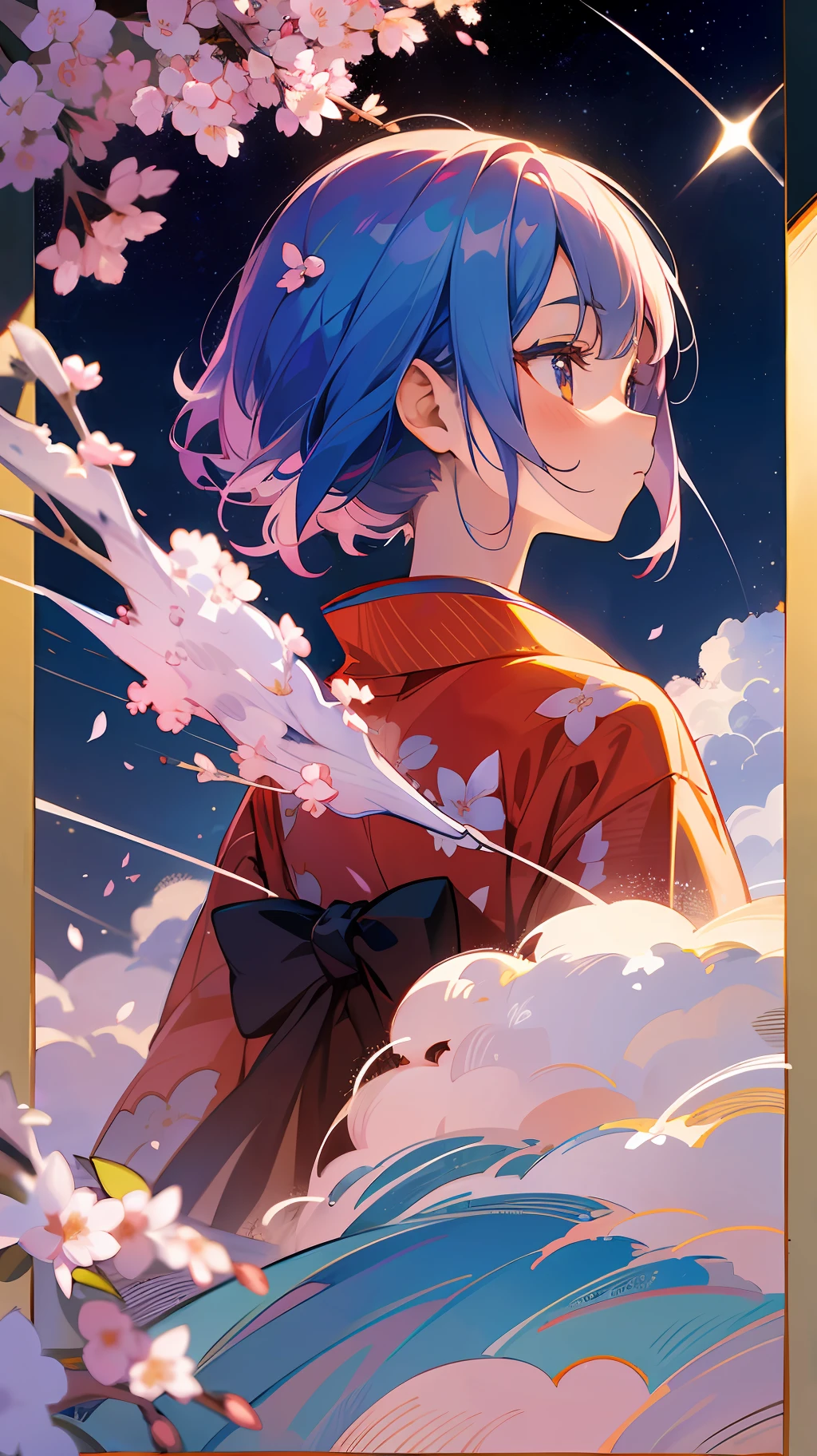 1 girl, distant girl gazing at the stars in kimono, (zoom down: 1.1), (meteor shower: 1.2), (comet: 1.1), your name, low angle, from behind, arctic wild cherry blossoms, shooting stars, yukata, red kimono, cherry blossoms, standing in the field, best quality, masterpiece, clouds, colorful, stars, --auto --s2