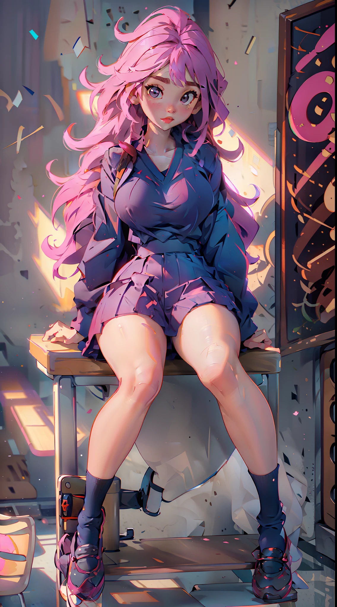 A student girl, sitting proudly on the desk, the background is the classroom, wearing a pink school uniform, hair with big pink waves, legs spread, plump breasts, full body portrait