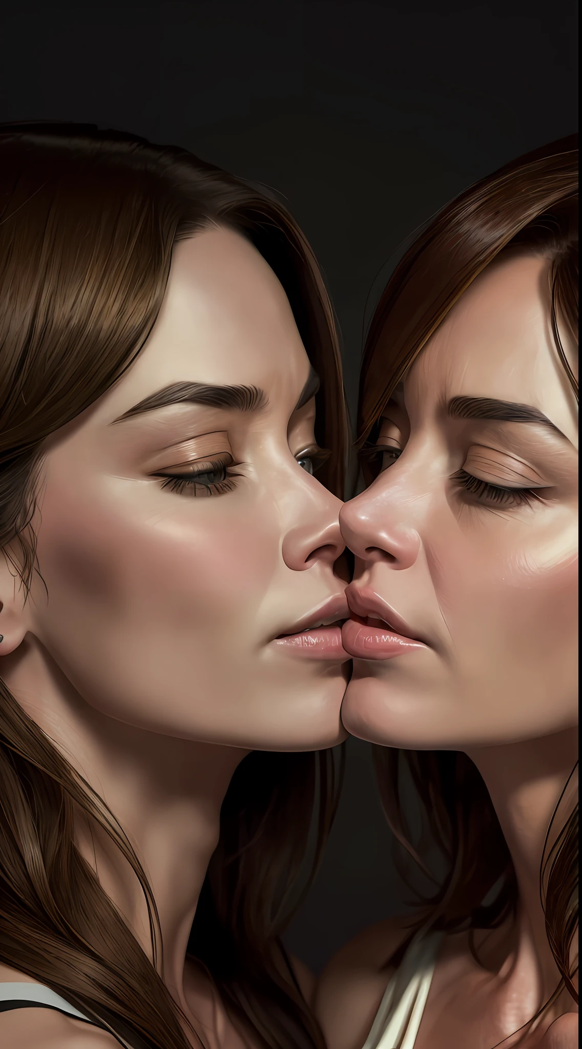 "(1.5:artwork), (1.5:best quality), clear focus, 8k, hdr, raw photo, (1.5:realism), (2 women kissing, Michelle Monaghan and Emily Blunt, sexy, sexy, kiss)"