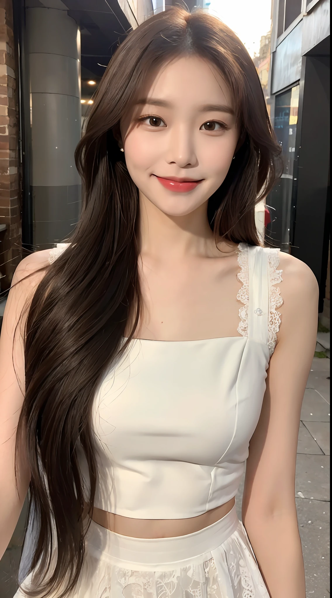 ((Best Quality, 8K, Masterpiece: 1.3)), (Lace Top with Skirt: 1.3), Focus: 1.2, Perfect Body Beauty: 1.4, Buttocks: 1.2, (Layered Haircut: 1.2)), (Dark Street: 1.3), Highly Detailed Face and Skin Texture, Full Body, Fine Eyes, Double Eyelids, Whitened Skin, Long Brown Hair, (Round Face: 1.5), (Pursed Smile: 1.6)