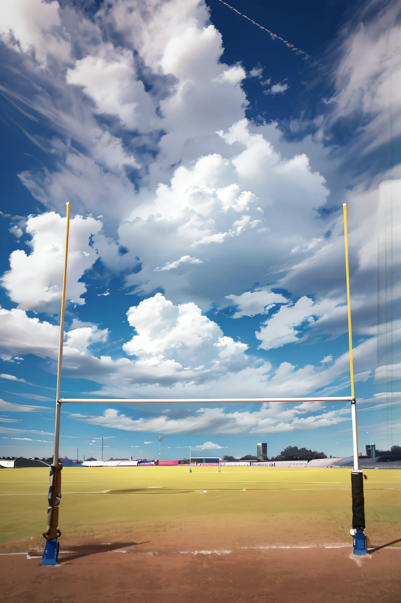 sky background, view from the ground, view from the ground, view from the ground, sports setting, plain uniform sky behind, wide landscape, low angle wide shot, photo taken from the ground, photo taken from the ground, there is a goalpost in the middle of the field to interrupt the big game, big sky, rugby, rugby field