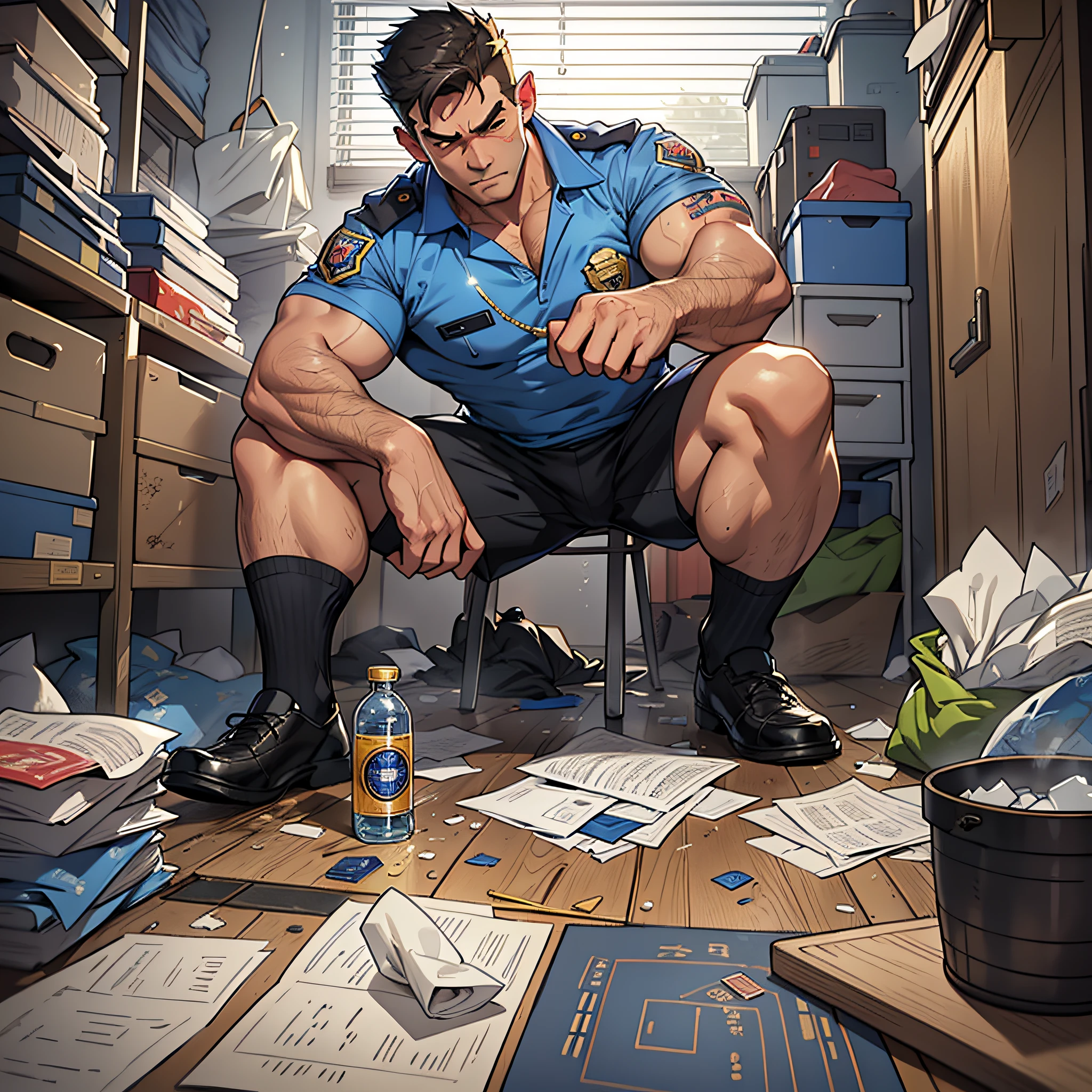 Height 195, Grandfathers, Mature Muscular Male Policeman, Police Uniform (blue shirt decorated with gold badge and red dotted lines), Black pants, 1s, Cow-like strong, energetic, energetic, single bedroom, used tissues everywhere, clothes with stains worn on the floor, messy room, smelly black socks worn and tossed aside, best quality, Japanese, only black panties, white socks, bad, masterpiece, super high resolution, detailed background, reality, illustration, Single, 1 boy, muscle man, volumetric lighting, depth of field, wheezing, raised crotch, handsome movements, big dynamics