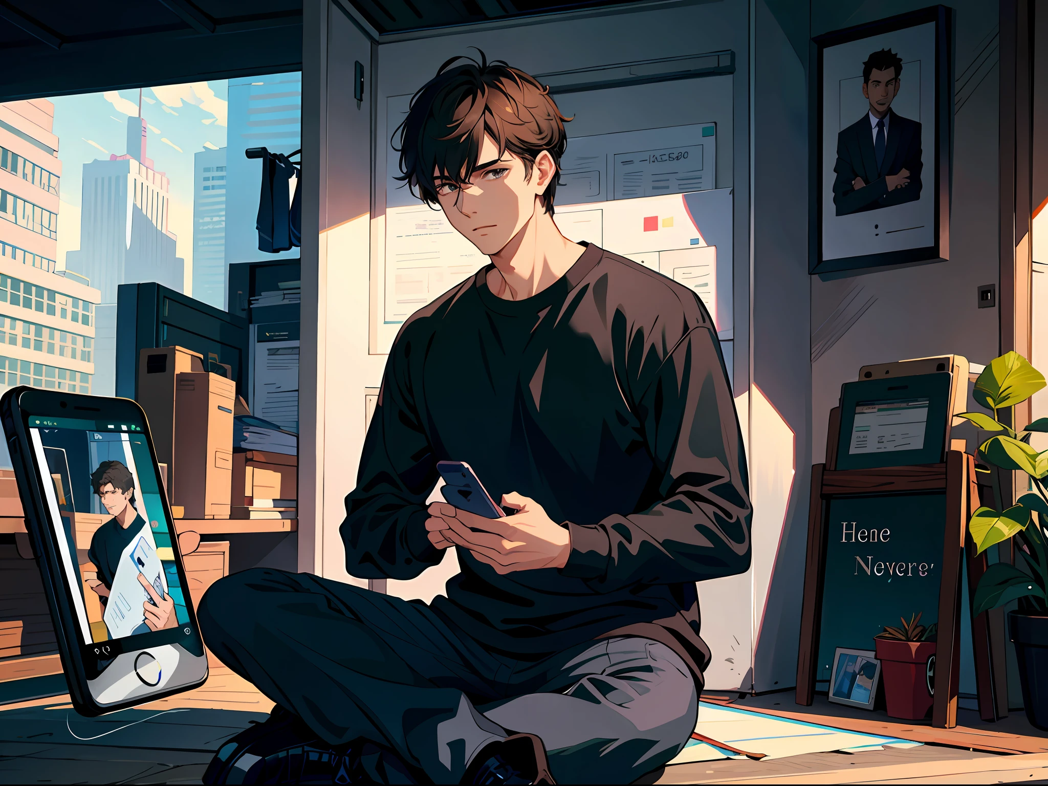 High resolution, highest quality, illustration, super detailed, a handsome young man in black sweatshirt plate sitting on the ground holding a mobile phone in his hand is on a call