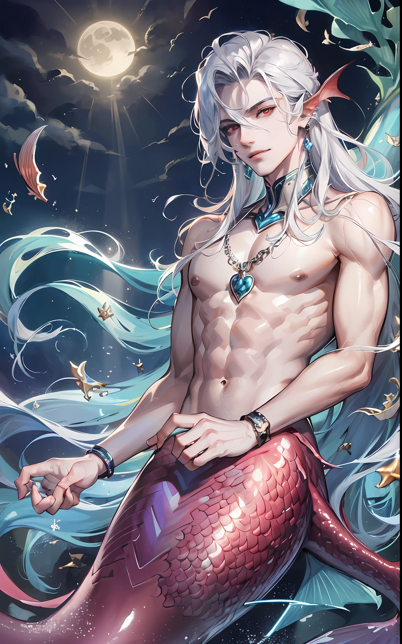 man, masculine, masculine face, attractive, muscular, (((1man))), masterpiece, absurdres, best quality ,intricate details , (shiny skin, shiny body, shiny oily luster skin, shiny hair, pale skintone), Sundown, attractive, ((muscular)), adult, one, earrings, Don't look at the view , Not looking at the view, silver hair, braided hair, perfect detailed face, perfect detailed hands, triton, fins, red eyes, triton ears, ((portait)), smirk, marine sea ornaments, open chest, ((mermaid tail)), no legs, under the sea, fishes, masculine features, masculine face, (((night))), moonlight, darkness, dark light