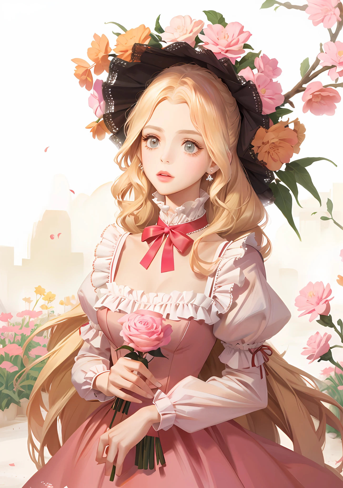 ta, pink dress flowers, blond hair, perfect figure, delicate facial features