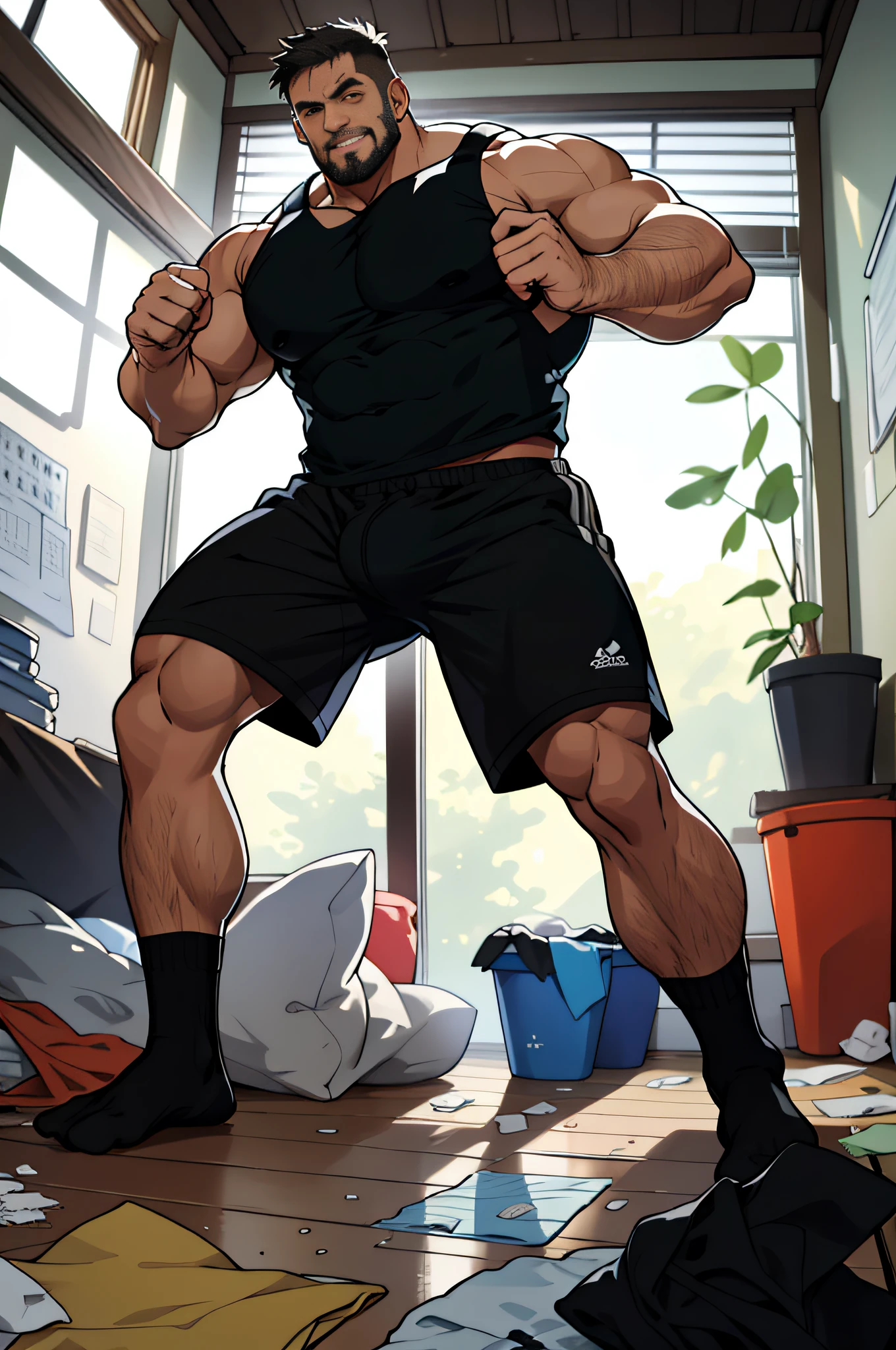 Height 195, grandfathers, beard, mature muscular male dad, 1s, strong as a cow, energetic, energetic, single bedroom, used tissues everywhere, clothes with stains worn on the floor, messy room, smelly black socks worn by thrown aside, best quality, Japanese, only black panties, white socks, bad, masterpiece, super high resolution, detailed background, reality, illustration, single, 1 boy, muscle man, volumetric lighting, depth of field, wheezing, raised crotch, Handsome movements, big dynamics