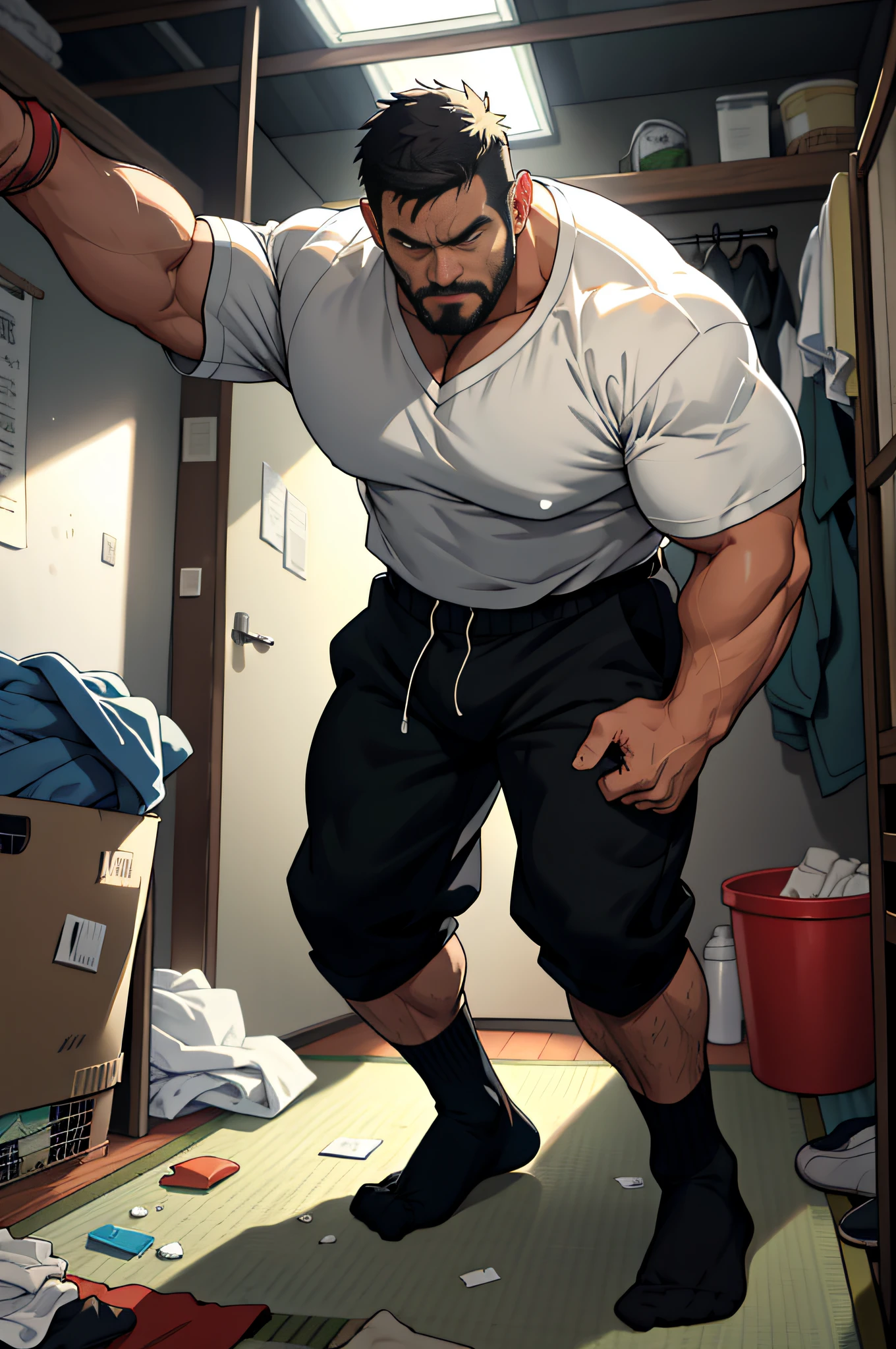 Height 195, grandfathers, beard, mature muscular male dad, 1s, strong as a cow, energetic, energetic, single bedroom, used tissues everywhere, clothes with stains worn on the floor, messy room, smelly black socks worn by thrown aside, best quality, Japanese, only black panties, white socks, bad, masterpiece, super high resolution, detailed background, reality, illustration, single, 1 boy, muscle man, volumetric lighting, depth of field, wheezing, raised crotch, Handsome movements, big dynamics