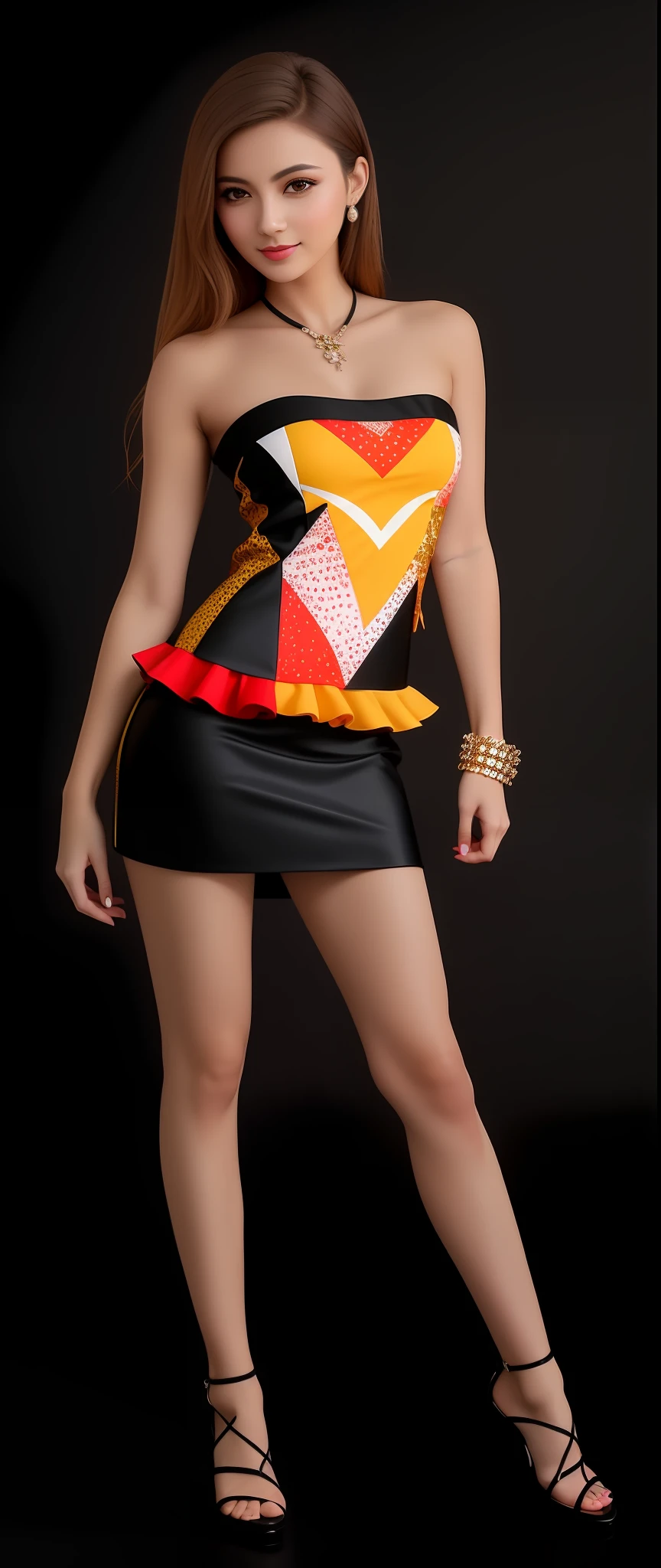 arafed woman in a short dress posing for a picture, plethora of colors ; mini dress, short minidress, stylish dress, mini-skirt, miniskirt, colorful dress, fractal dress, ilustration, fashion model pose, beautiful short skirt, beautiful, flattering photo, short dress, stuning, model posing, trending photo, alluring --auto --s2