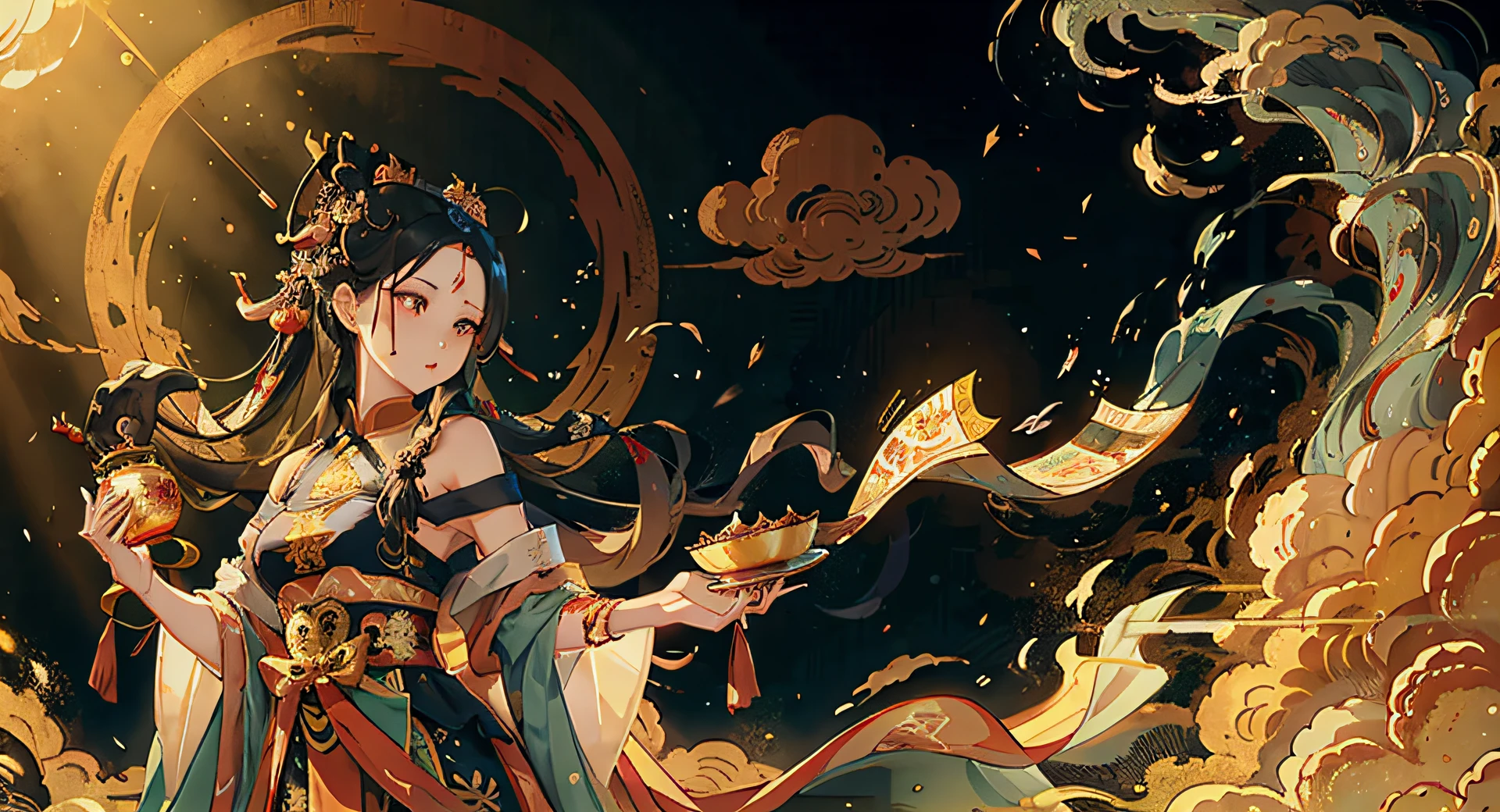 masterpiece, traditional chinese ink painting, 1 girl, long hair, look at viewer, tease, Spirit, loong, dunhuang_style, dunhuang_cloths, UHD Dragon horn, A dragon is flying, 4k, best quality, super detail, award winning, high quality, best quality, high details