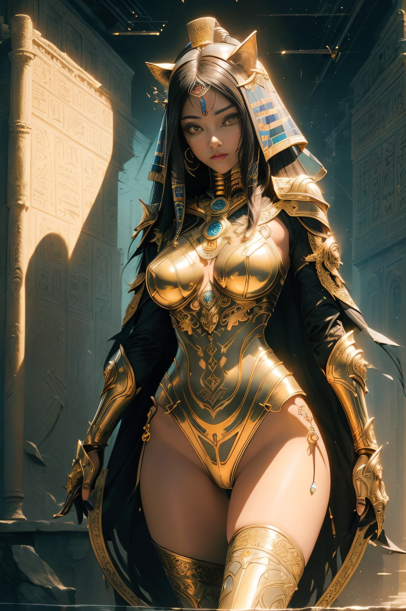 [Detailed illustrations, art based on extremely ideal anatomy, very detailed and detailed drawings, slow and delicate lines, realistic texture expression],((Color tressed main lines)),(Artwork with outstanding craftsmanship),(Ruins background (Ancient Egypt)),[HENTAI ANIME Girl Beauty Cyborg ] (Large, seductive hanging eyes) Lustrous black hair Tanned skin,( Bastet) Cyberne-golden armor with carved decoration ((Decoration of transcendent craftsmanship)) (Elegant,Gorgeous golden luster ((polished reflective luster)),Gorgeous),Orparts Lost Technology (Hierograph),Gravure,(Science Fiction Mechanical Bioengineering),((Fine and beautiful skin expression (transparency))),((Clear gaze)),(( Perfect eye details (beautifully drawn pupils with great detail))),(Beautiful perfect face (realistic face details)),((Beautiful hair details)),(Perfectly proportioned proportions)),(High-level built design,((Advanced structural understanding of materials)),Ideal color coordination),((Artistic decoration))) ((Dense details),((Detail,High definition) ),[(Ultra-precise detail),((Multilayer texture)),HighQuality,High Resolution],((Accurate simulation of light-material interaction, understanding of air flow, mechanically correct expression)),(((Visual art with a sense of narrative)).