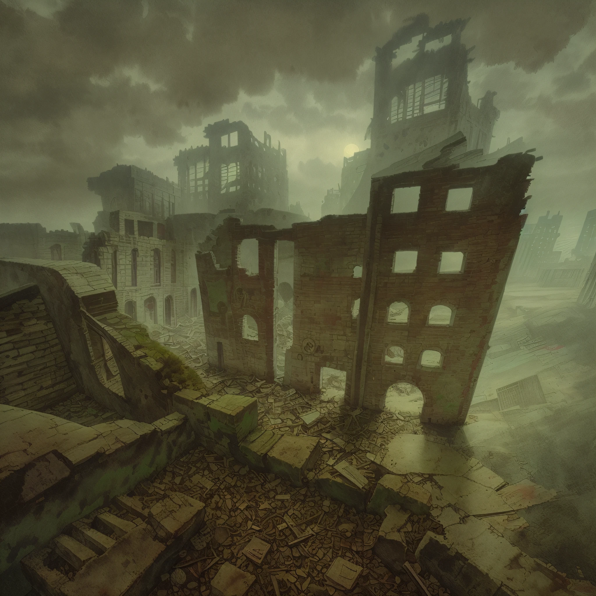 There is a picture of a city with a clock tower in the middle, in a ruined cityscape, destroyed cityscape, outdoor ruined cityscape, a city in ruins in the background, a post-apocalyptic city, a post-apocalyptic view, a destroyed city, an apocalyptic city, a post-apocalyptic city, a ruined city in the background, an abandoned dystopian city, gloomy, night, background fog, fog, night,