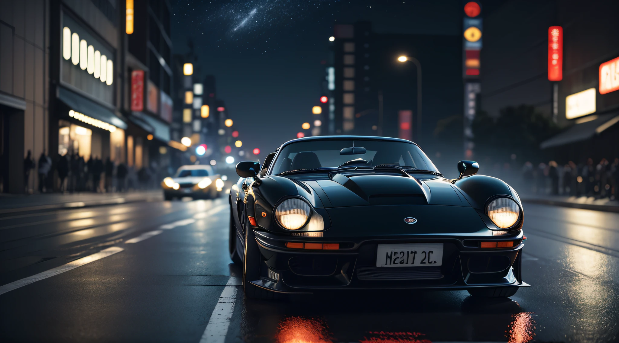 "(Masterpiece:1.1), sporty and dynamic, classic sports car photography, sensory dark Tokyo night sky."