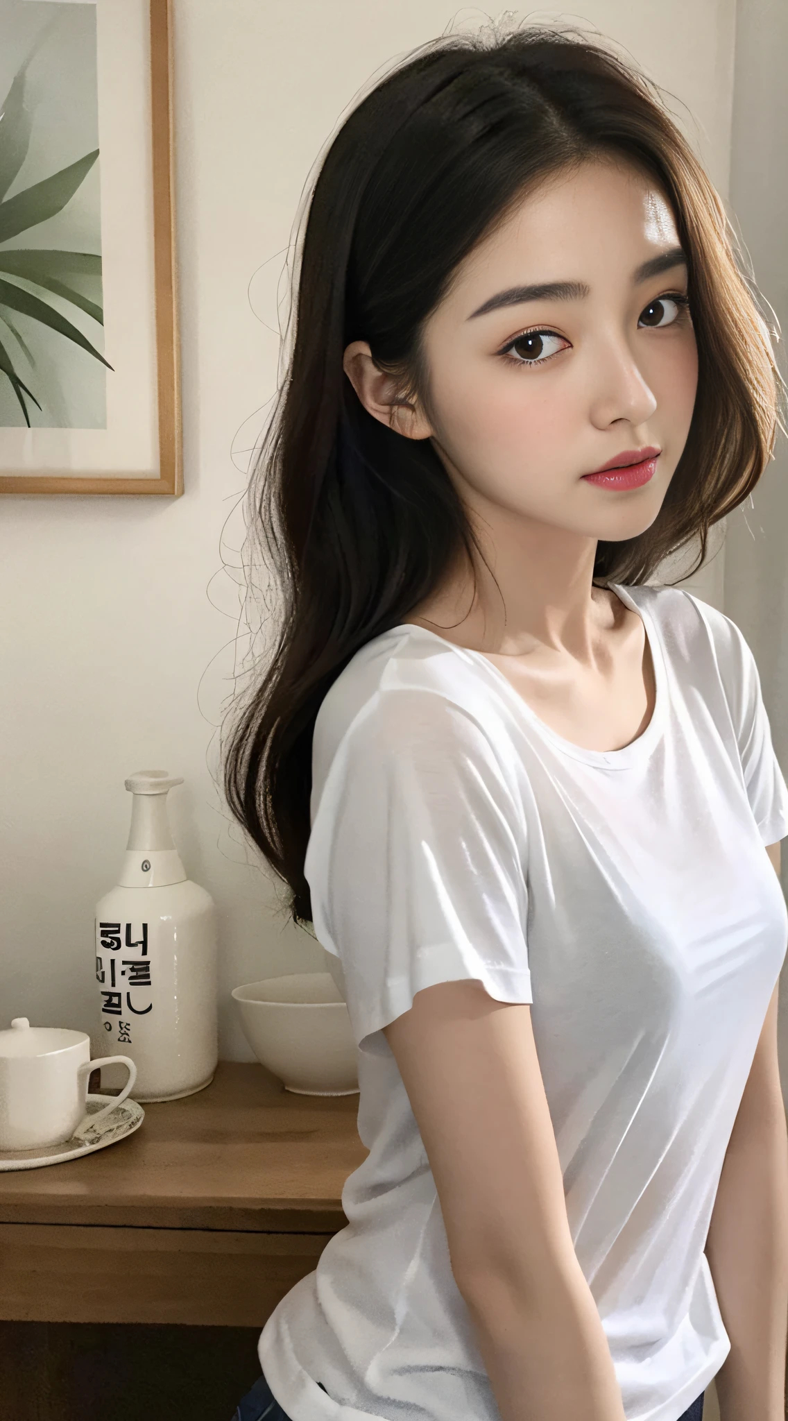 A woman in a white t-shirt poses for a photo, a picture inspired by Ma Won-woo, tumblr, realism, dilraba dilmurat, beautiful korean woman, korean girl, cute korean actress, beautiful korean young woman, gorgeous korean young woman, young cute korean face, Kim young-hin, Nguyen Jia-beautiful! , Korean female fashion model