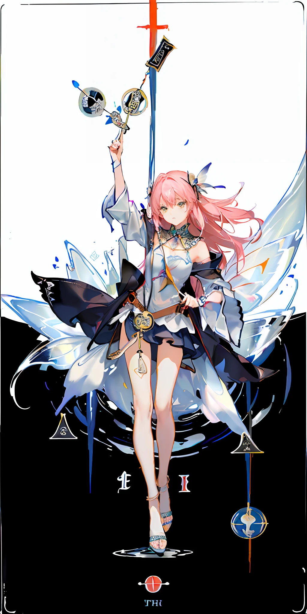 (Golden Ratio: 1.2), (Rose Graffiti: 1.2), (Glitch Color: 1.3), [(White Background: 1.4)::10], (Whole Body: 1.2), (Super Fine: 1.3), (Tarot :1.6),(Magician (Tarot):1.6),(Paper:1.2),(Fairy:1.6),(Fairy Wings:1.2),Full Body, Hanging,(Cool:1.2),(Red Long Hair ),(butterfly hair accessory),(flower hair accessory: 1.0),((sandals,Locket)),(colored cocktail dress: 1.0)+(loose-sleeve jacket: 1.3)+(fluttering colorful tassels and ribbons :1.2 ),(white stockings: 1.2),(colored ink paper flowers: 1.2),(colorful flower sea: 1.3),(chaotic geometry: 1.3),(negative space: 0.8),(drawing board: 1.3 ), (Ether Color ink flow: 1.3)