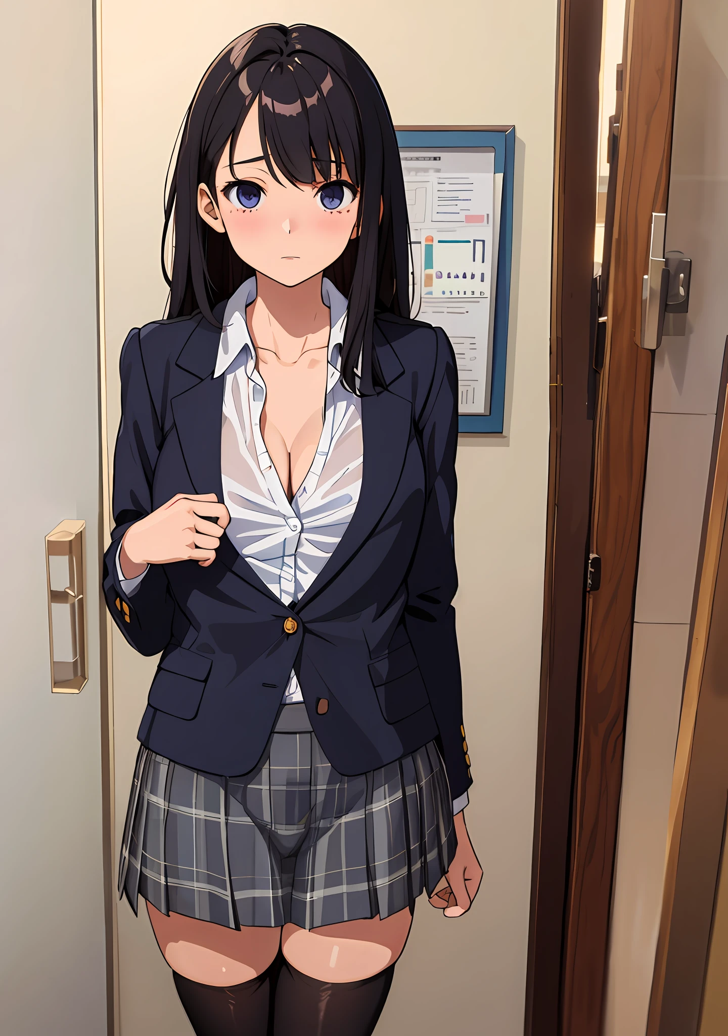 (masterpiece, best quality), 1girl, nsfw, schoolgirl uniform, shy, showing off, flat chest, cleavage, panties, see through, nipplesout, bra