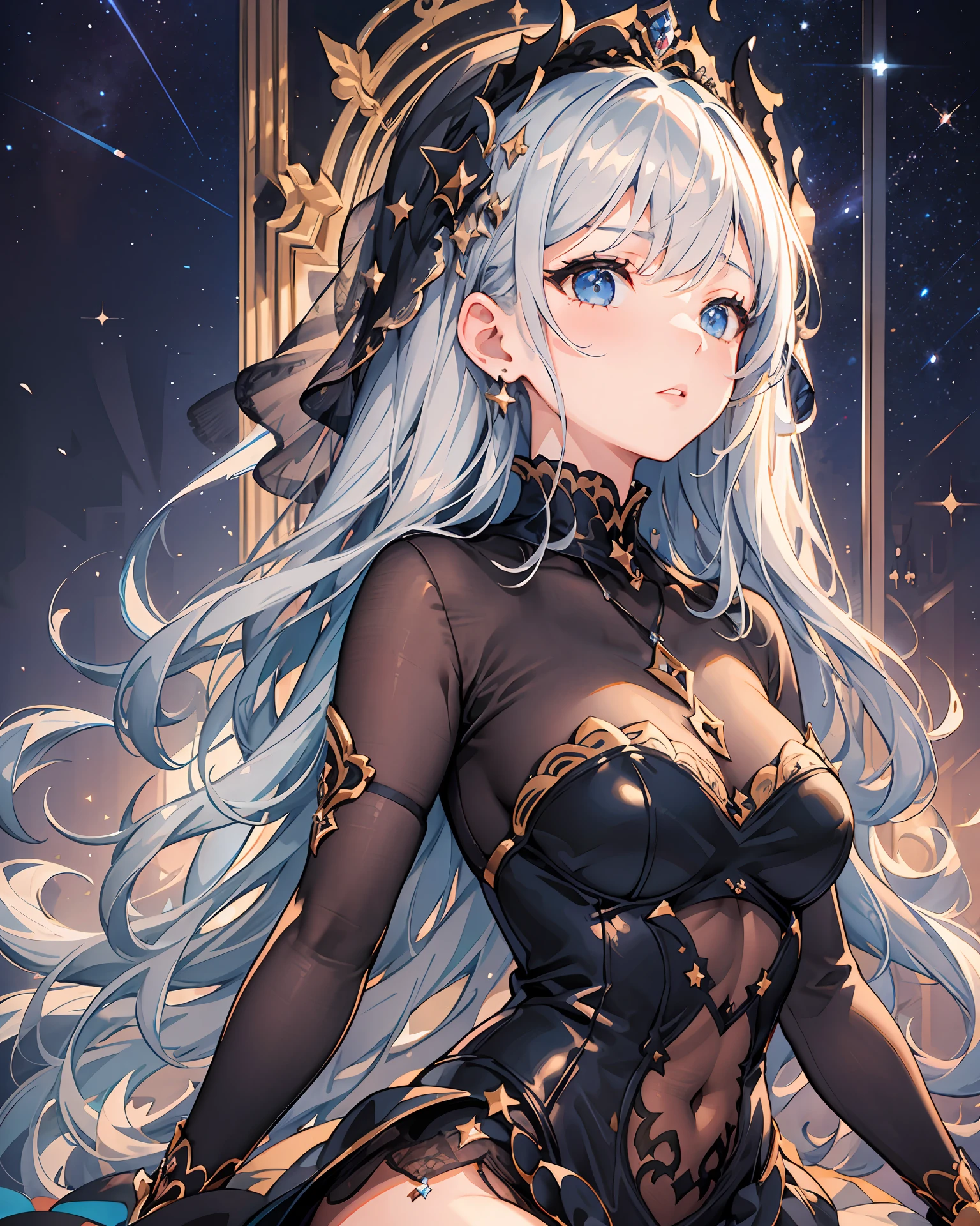 1 girl, (((ultra-detailed))), ((masterpiece)), ((illustration)), sensual, starlight saintess, black ornate dress, curvaceous woman, head veil, long silver hair, fair skin, droopy eyes, starry eyes like the night sky, bust up, facing forward