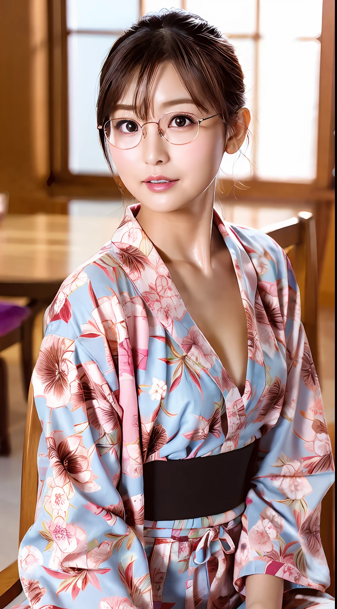 (yinchuan:1.5), close-up, masterpiece, best quality, raw photo, photorealistic, (((Small breasts: 2.0))), cleavage, beautiful face, soft smile, 20-year-old girl, light pink yukata, floral yukata, ((sits on a chair, beautiful legs visible)))), night, depth of field, high resolution, ultra detail, fine detail, highly detailed, highly detailed eyes and face, sharp pupils, realistic pupils, ((round brown glasses)), areola slip, dark blonde bun hair, ((full body)), from the front, dark pubic hair,