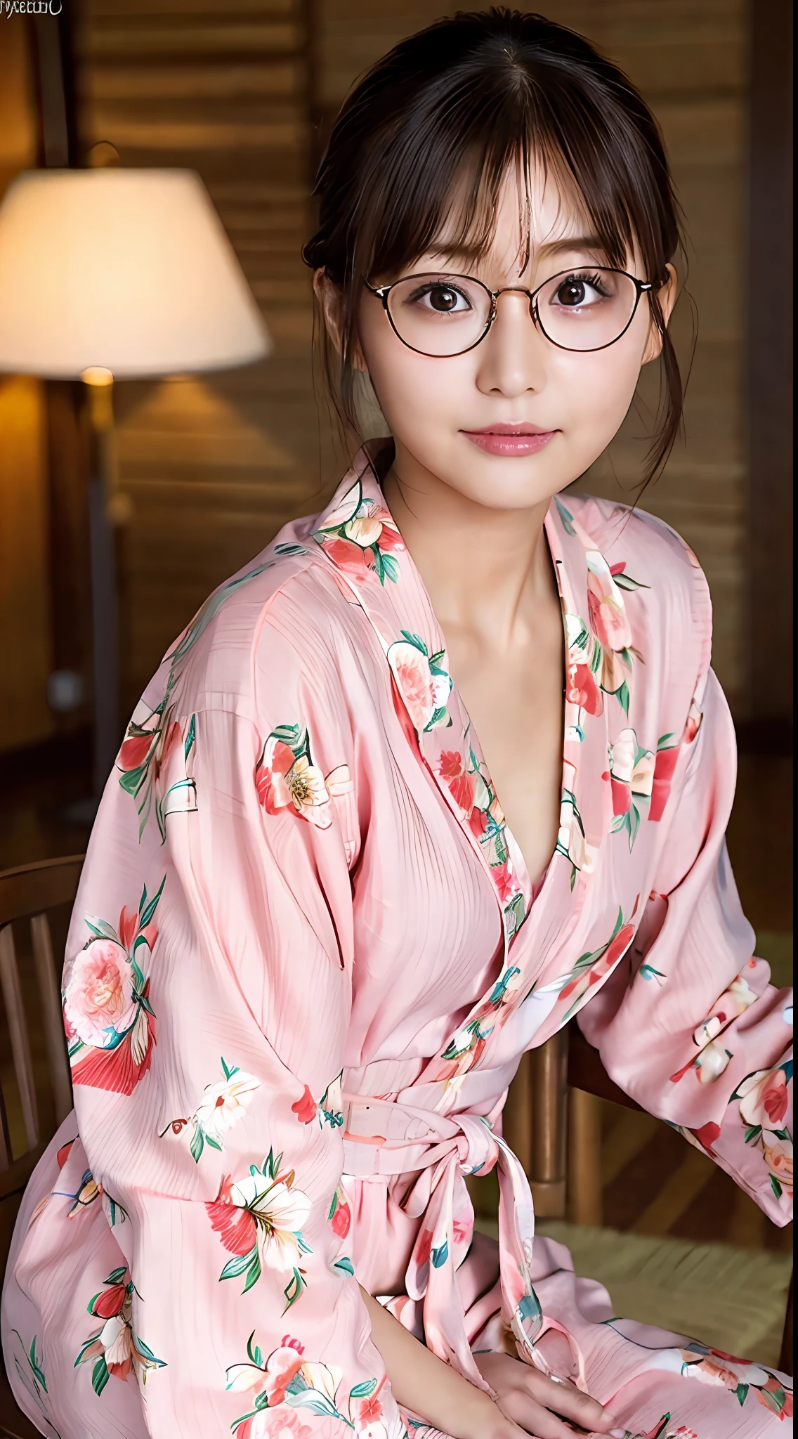 (yinchuan:1.5), close-up, masterpiece, best quality, raw photo, photorealistic, (((Small breasts: 2.0))), cleavage, beautiful face, soft smile, 20-year-old girl, light pink yukata, floral yukata, ((sits on a chair, beautiful legs visible)))), night, depth of field, high resolution, ultra detail, fine detail, highly detailed, highly detailed eyes and face, sharp pupils, realistic pupils, ((round brown glasses)), areola slip, dark blonde bun hair, ((full body)), from the front, dark pubic hair,