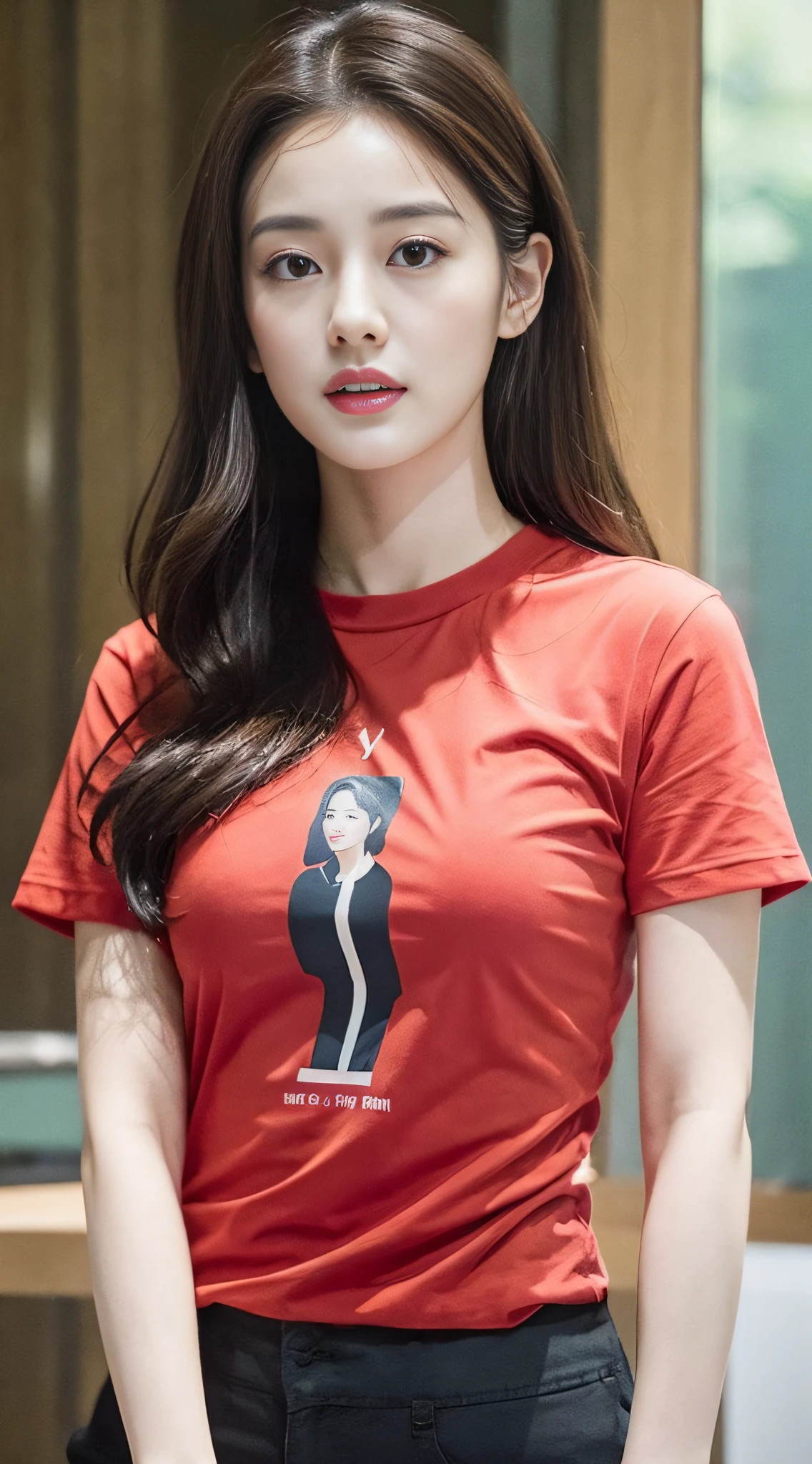 A woman in a red t-shirt poses for a photo, a picture inspired by Ma Won-woo, tumblr, realism, dilraba dilmurat, beautiful korean woman, korean girl, cute korean actress, beautiful korean young woman, gorgeous korean young woman, young cute korean face, Kim Young-hin, Nguyen Jia-beautiful! , Korean female fashion model