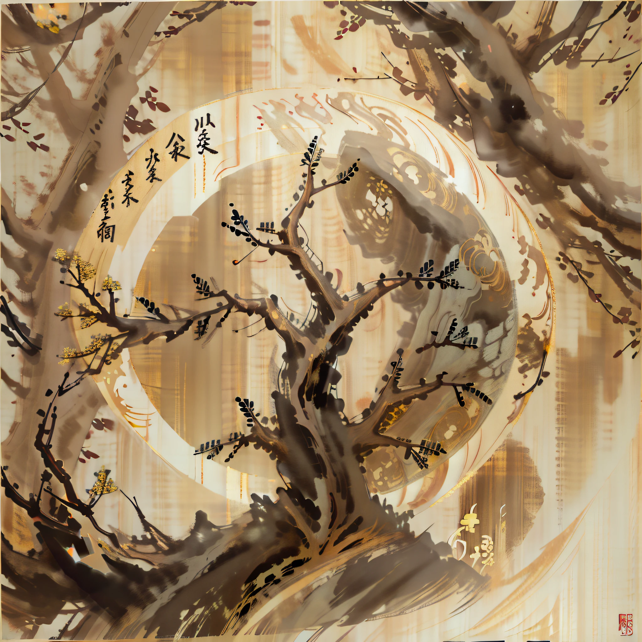 A drawing of a mythical tree, drawn on a yellowish paper with old Japanese style, the tree is upside down with kanji writing on the paper. Old Japanese drawing, feudal Japanese style, old paper, old, 1700s, Japanese. Around the tree, there are golden marks with several letters shining in gilding around it, it exudes a yellow aura