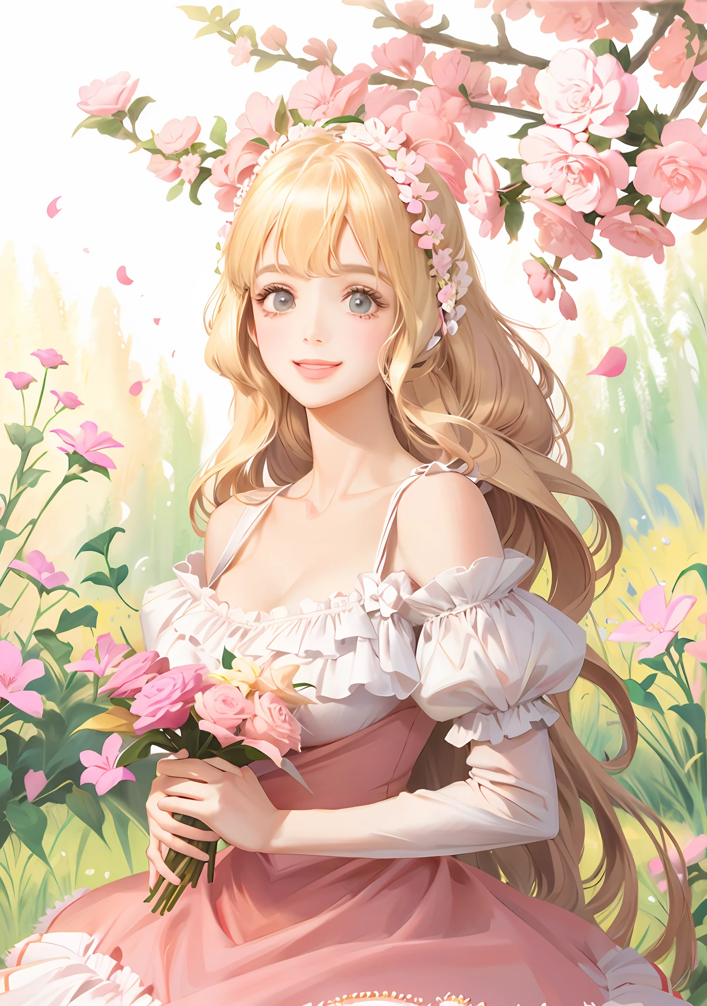 Lolita, off-the-shoulder, pink dress flowers, smile, blonde hair, fluttering hair, natural light, perfect figure, delicate facial features