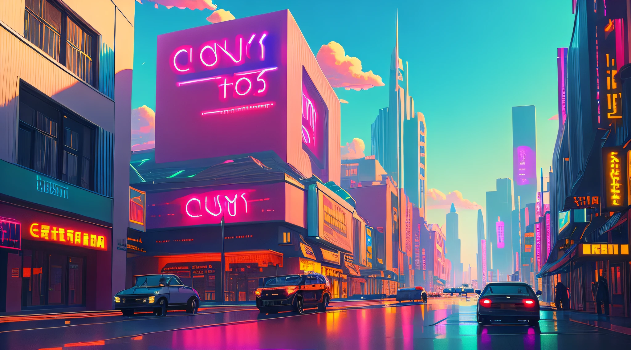 (detailed CG, best quality),(colorful cityscapes,colorful  Synthwave landmarks,high saturation,intense sunlight,vibrant atmosphere,wide shot,neon lights,cloudless sky,horizon, glowing windows, bustling streets)