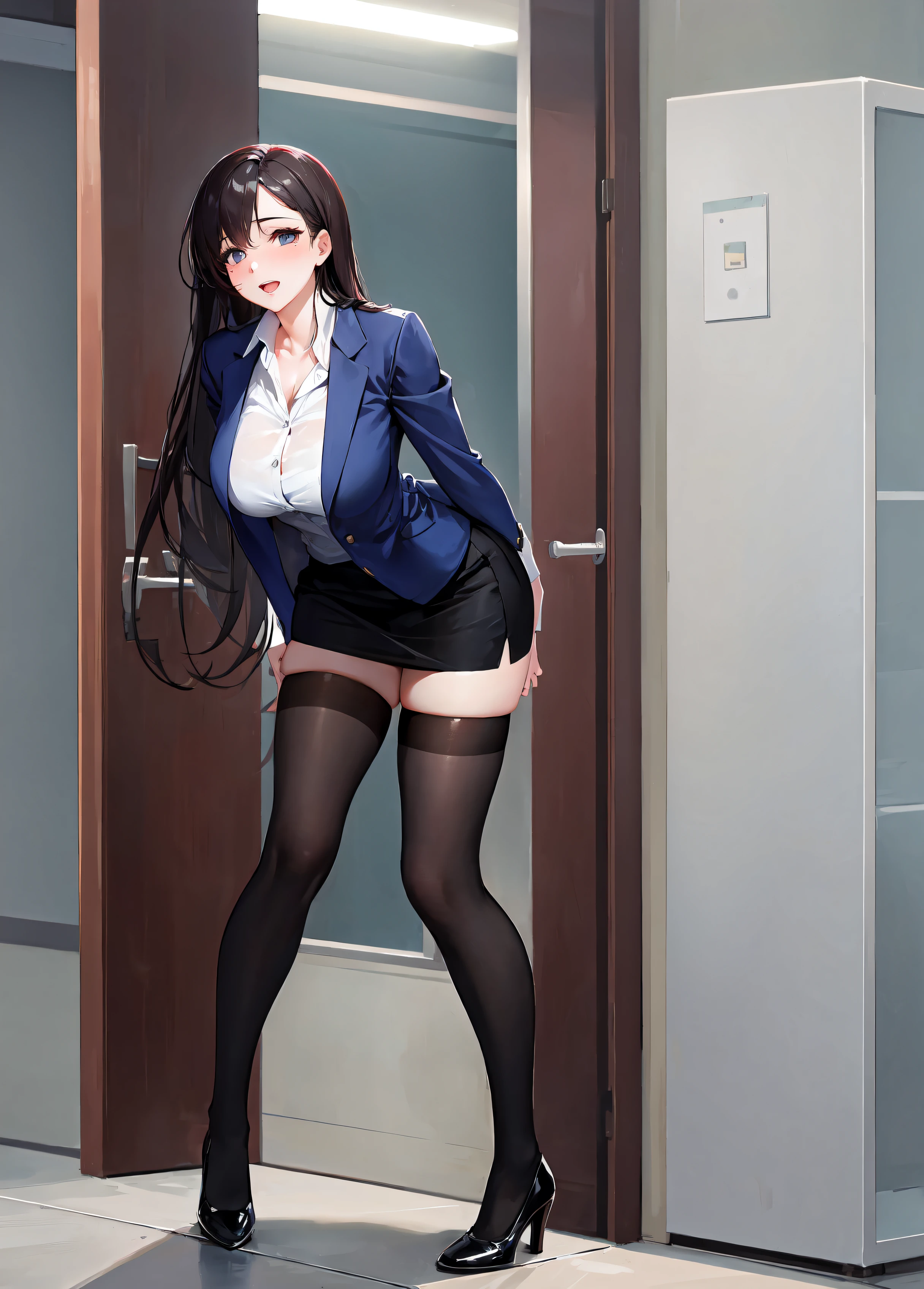 full body photo of a beautiful sexy secretary wearing extremely short skirt and seamed stockings, (stands_straight), ((solo)), adult, at_the_office, high heels, craves, petting_herself