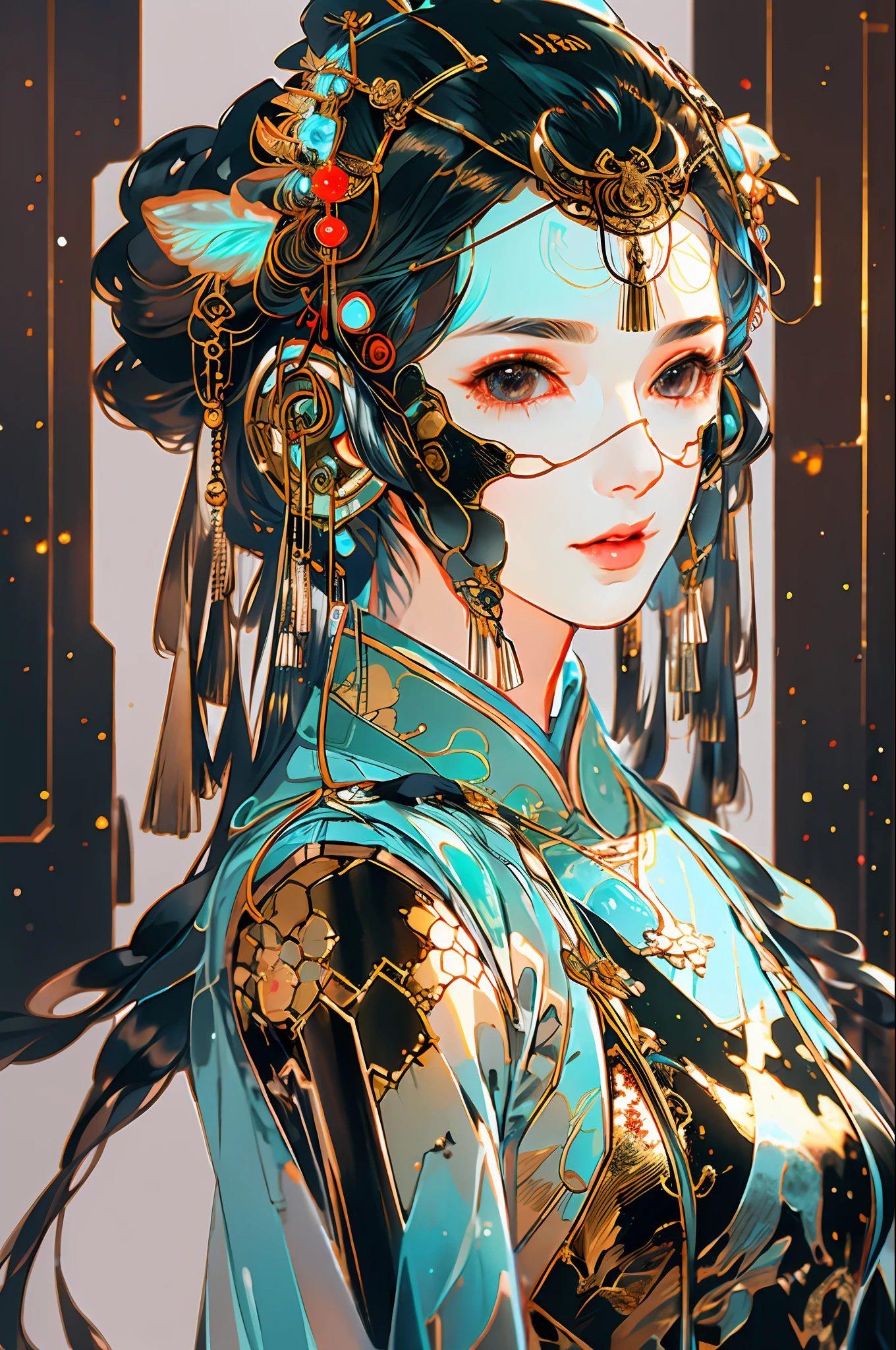 A beautiful girl, upper body, gentle eyes, clear facial features, amazing facial features, ancient Chinese costumes, Chinese cyberpunk, cyberpunk city headwear, hair accessories, super complex design, mechanical mecha, technology, amazing lighting, C4D, OC rendering, cinematic edge light, fine light, masterpiece, super detail, epic composition, ultra HD, high quality, 32k