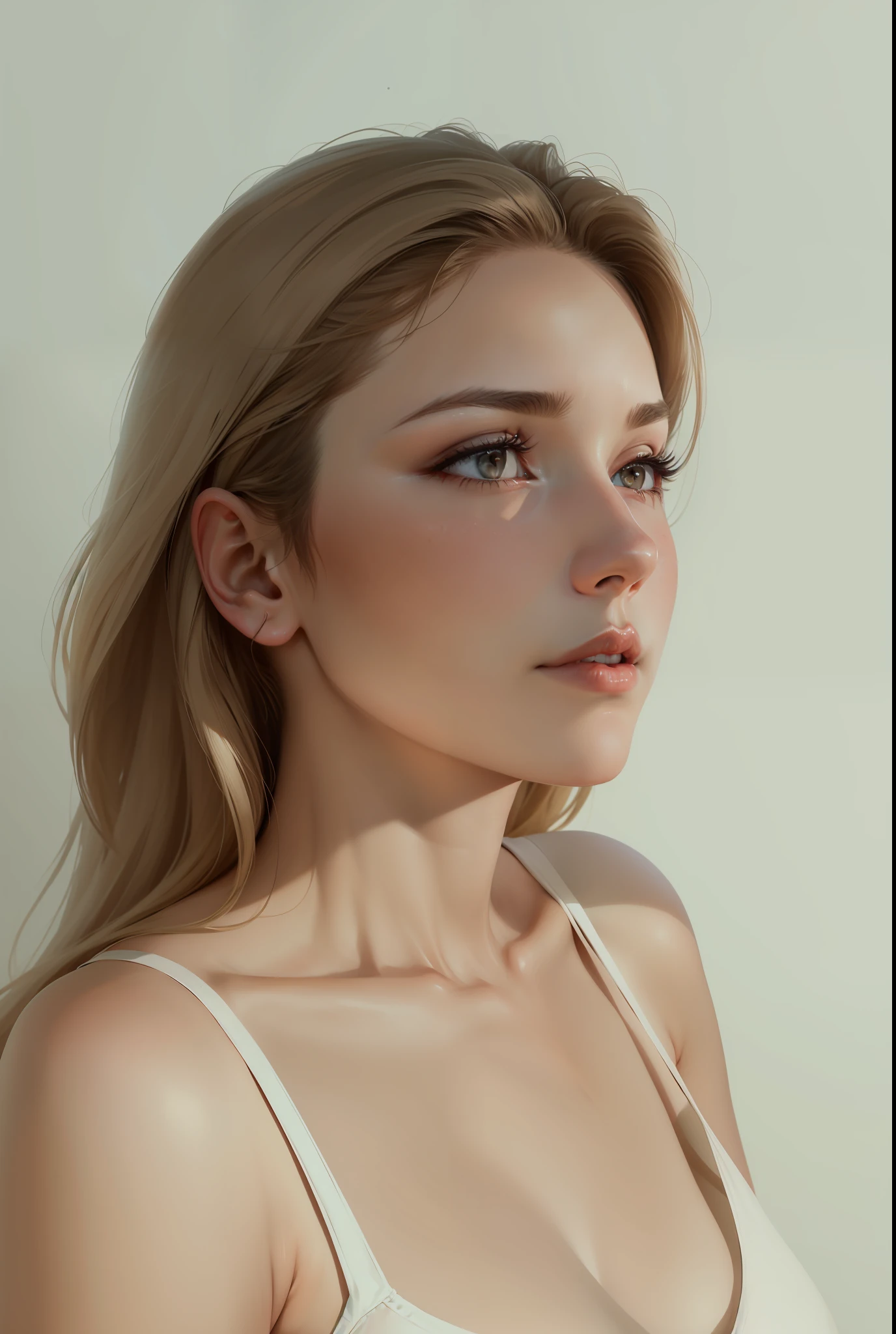 a close up of a woman with a white shirt, from side, side view profile centered, right side profile, side profile centered portrait, left profile, side profile portrait, protruding chin, looking from side!, close - up profile face, side profile centered portrait, side profile waist up portrait, thick jawline --auto --s2