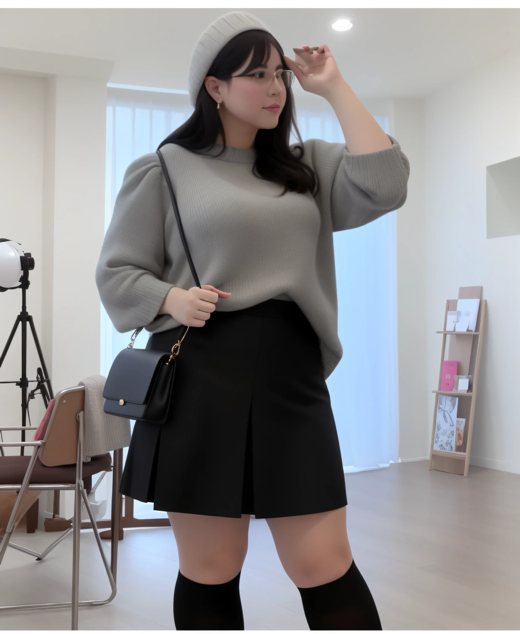 There is a woman taking a picture of herself in the mirror, height 165 cm, wide skirt, mini skirt, [ realistic photo ]!!, Shot with Canon 8 0 d, wide full body, pleated miniskirt, realistic lens, short miniskirt, mini skirt, short skirt, full body shape,