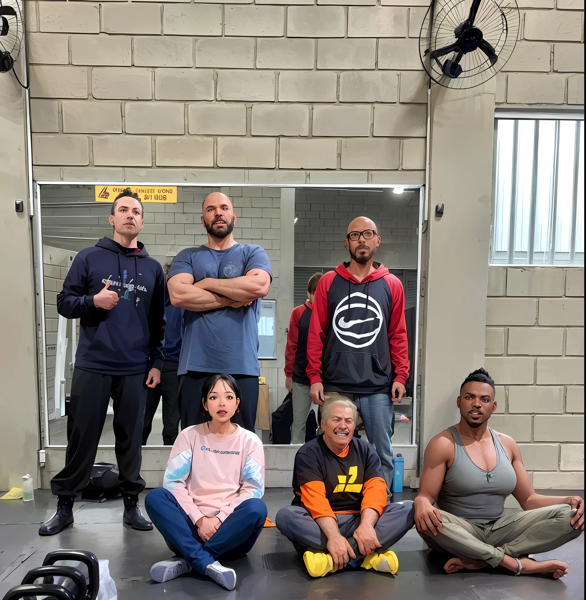 6 armed people in a futuristic shed after a zombie attack with broken windows and bodies lying on the ground.