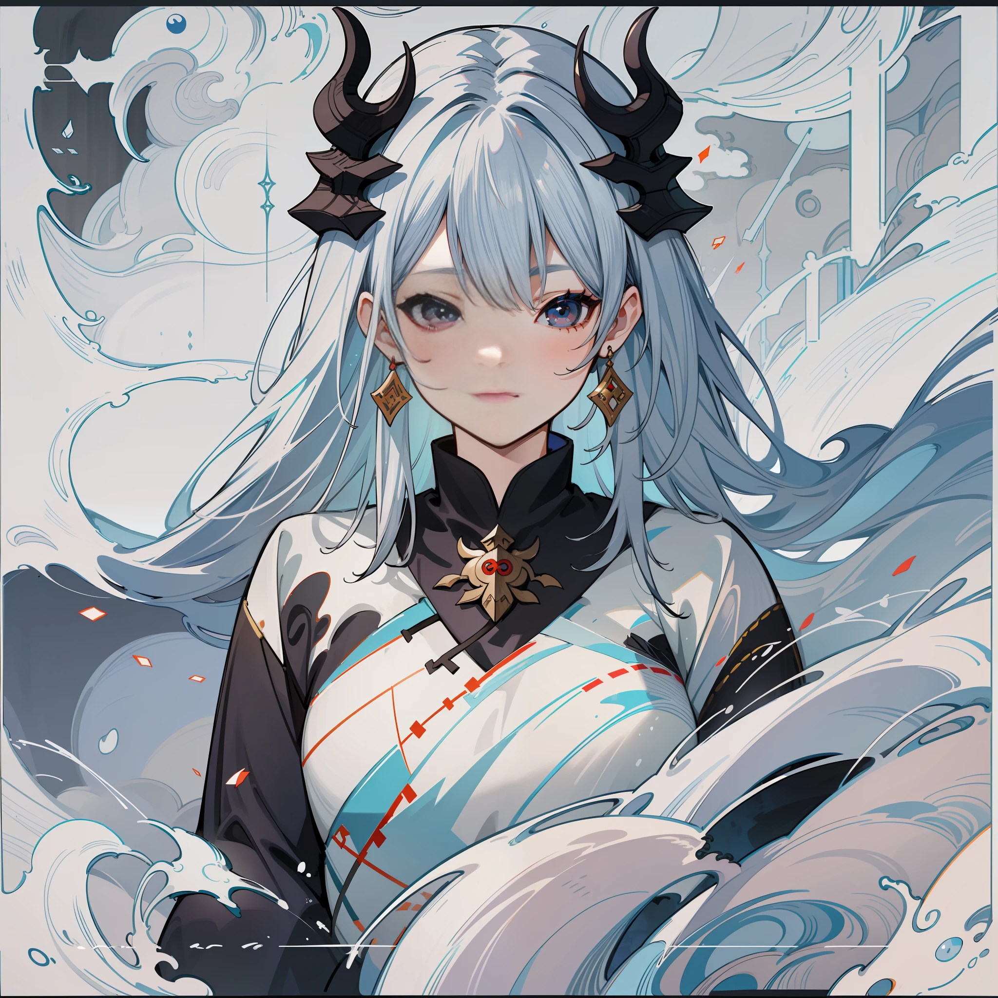 One girl, personification of the dragon god, beautiful shrine, super realistic, gray hair, black eyes, girl, high detail, smog, abstract animation, overwhelming beauty, high quality, watercolor, hand drawn illustration, highly detailed perfect composition, masterpiece, best perfect composition, highest quality, 4k, perfect anatomy.