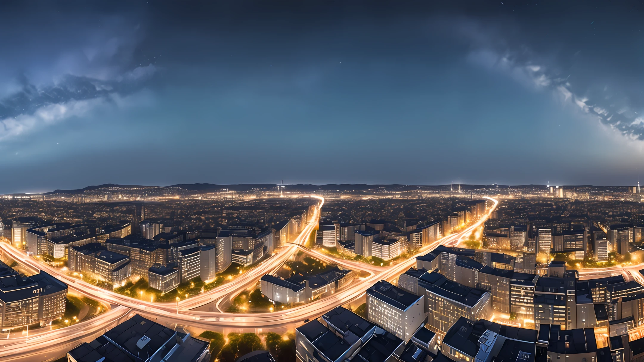 Photorealistic city, nocturnal, lit buildings (maximum details, poles, lights, vehicles, starry sky, vialactea. ( Panoramic photo) (wide-angle lens)