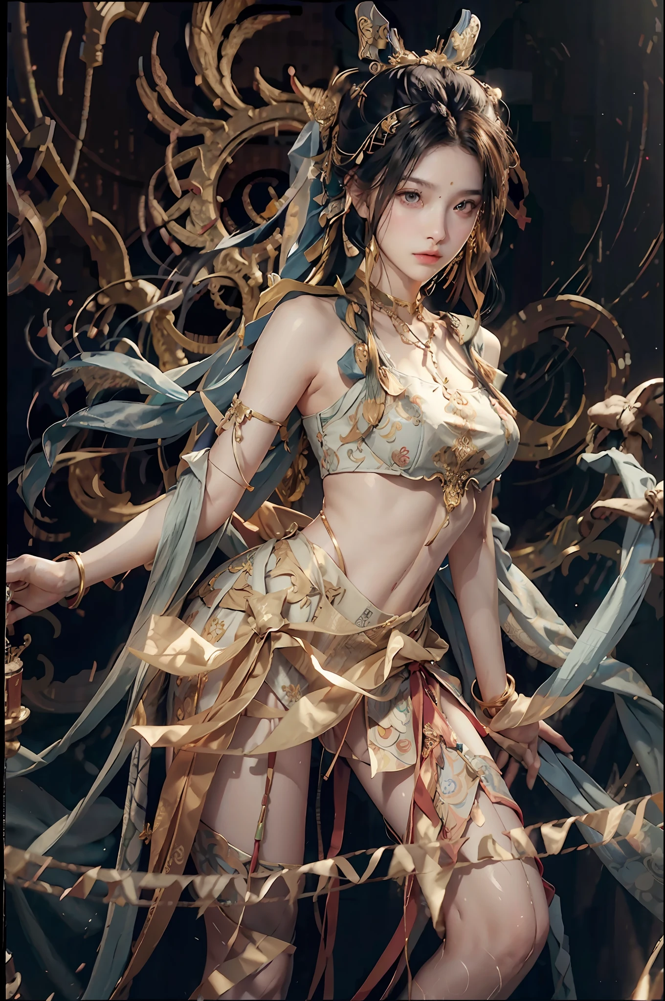 (RAW Photo, Best Quality), (Realistic, Photorealistic Real: 1.3), Best Quality, Highly Detailed, Masterpiece, Ultra Detailed, Illustration, 1 Girl, upper_body, Dynamic Angle, World Mastery Theater, messy_long_hair, Best Quality, Extremely Detailed CG Uniform 8k Wallpaper, Ink, Amazing, Cinematic Lighting, lens_flare, dunhuang_style, Sexy, Crop Top, Delicate Collarbone, Patterned Stockings, Full body color pattern, selfie,