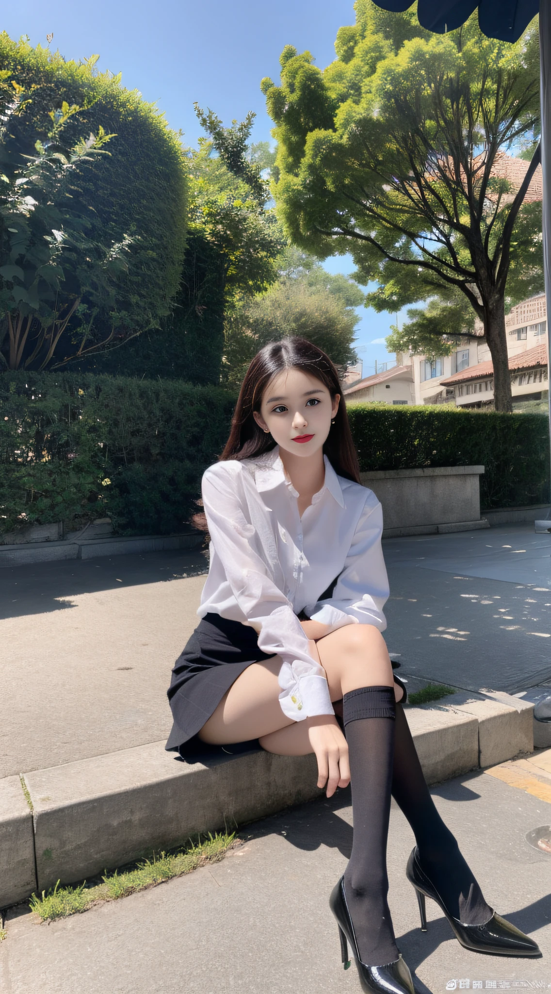 Best quality, full body portrait, delicate face, relatively thin face, 20 year old woman, slim figure, small bust, OL uniform, office clothes, black stockings, black high heels, outdoor scene, sitting position