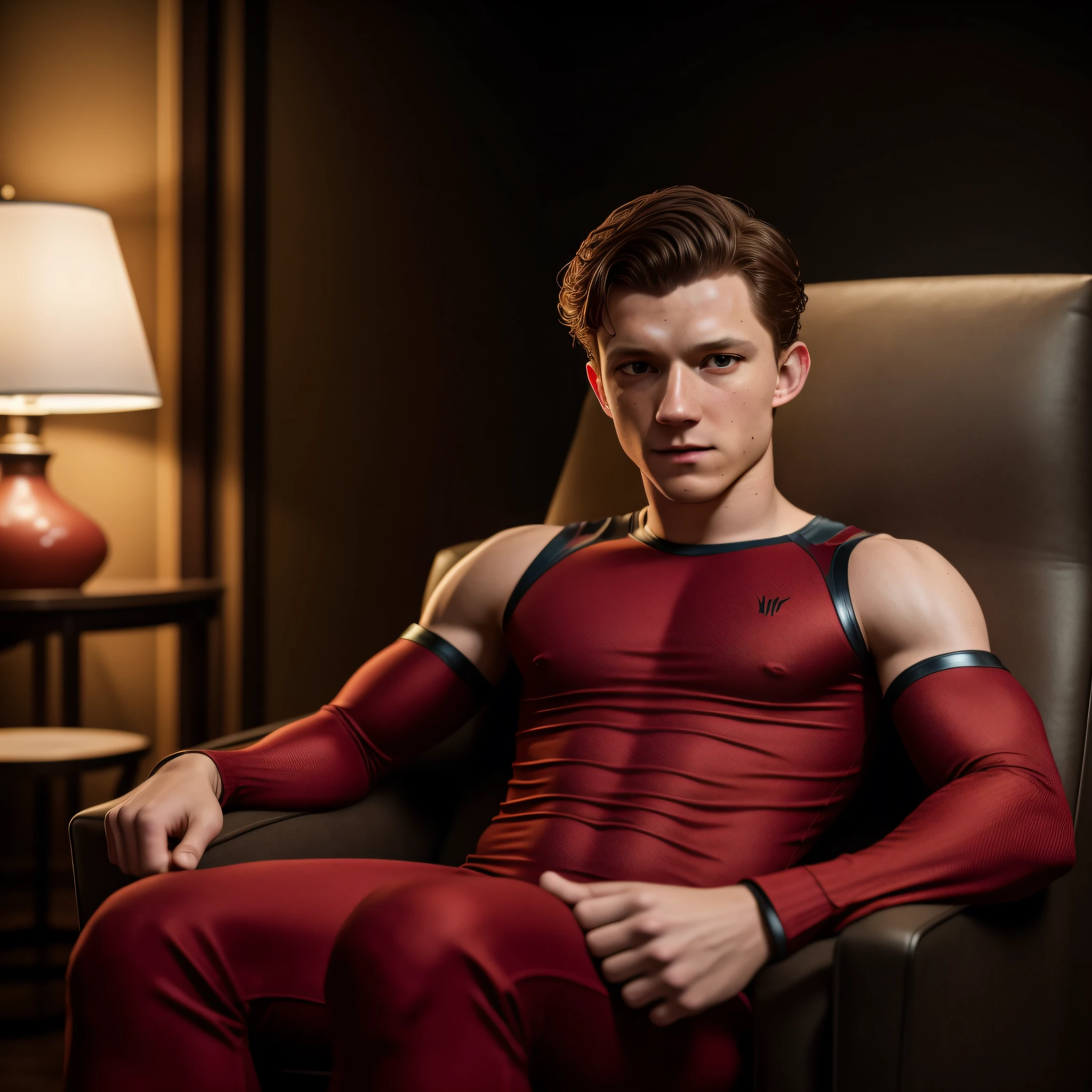 (Professional Photo), Tom Holland sitting in a living room armchair in red underwear, (Tom Holland), a color photo by Jesse Richards, instagram contest winner, maximalism, beautiful, photography, realistic face, extremely detailed natural texture, peach fuzz, masterpiece, absurdists, nikon d850 film stock photography, kodak portra 400 camera f1.6 lens, extremely detailed, amazing, fine details, hyper realistic texture, dramatic lighting, unrealengine, trend at artstation, cinestill 800 tungsten, looking at the viewer, realistic photo, RAW photo, TanvirTamim, high quality, highres, sharp focus, extremely detailed, cinematic lighting, 8k uhd,