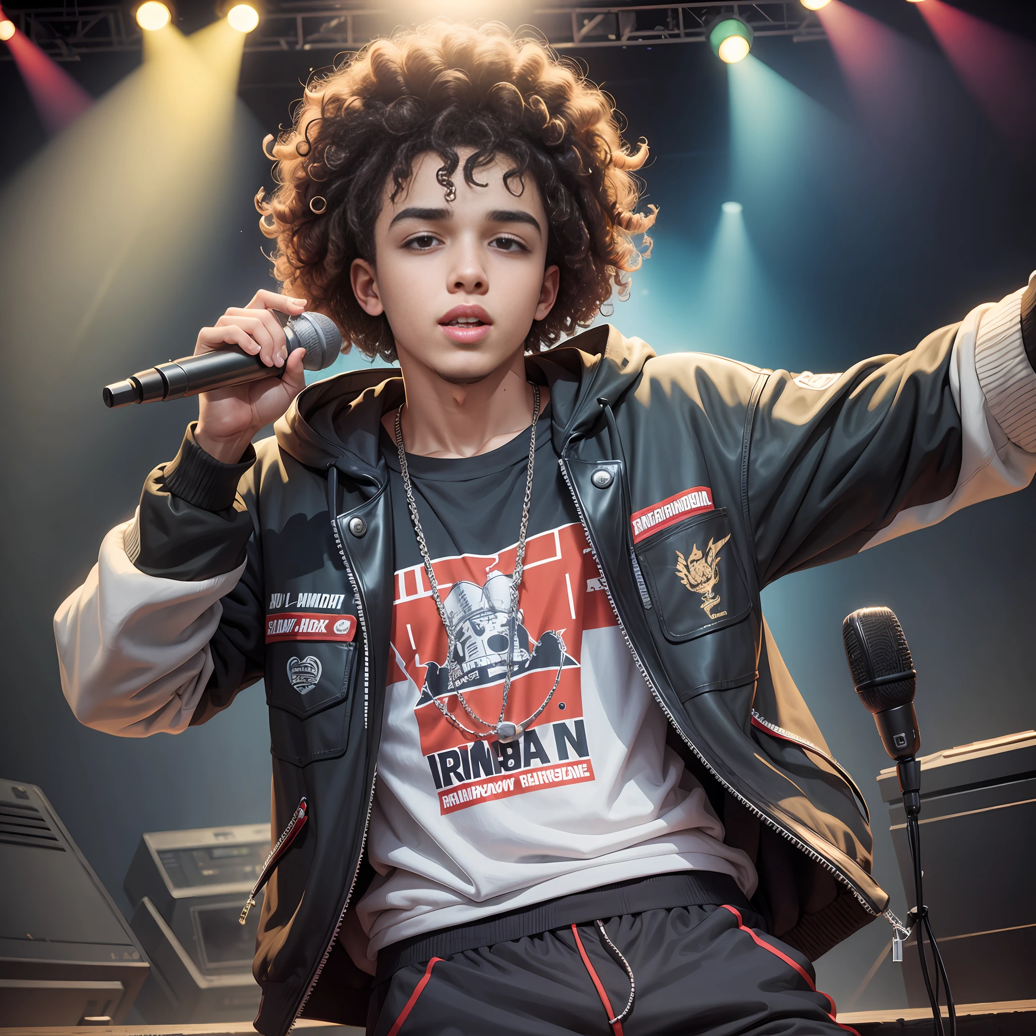 Boy with curly hair, hip hop outfit on a stage with microphone in hand, cartoon --auto --s2