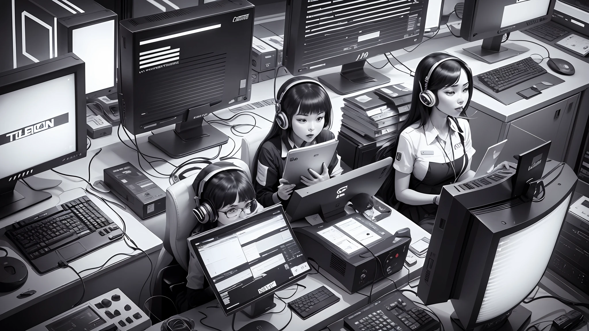 A monochrome vector with 4 people work with telemarketing, --auto --s2