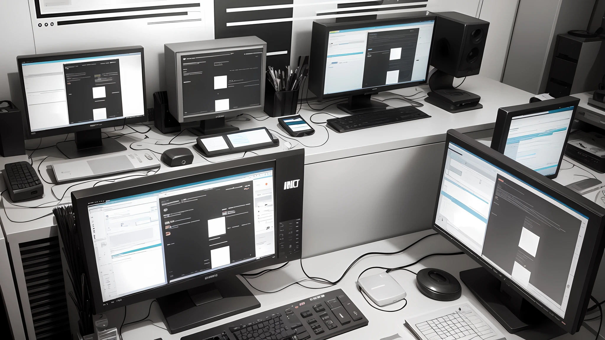 A monochrome vector with 4 people work with telemarketing, --auto --s2