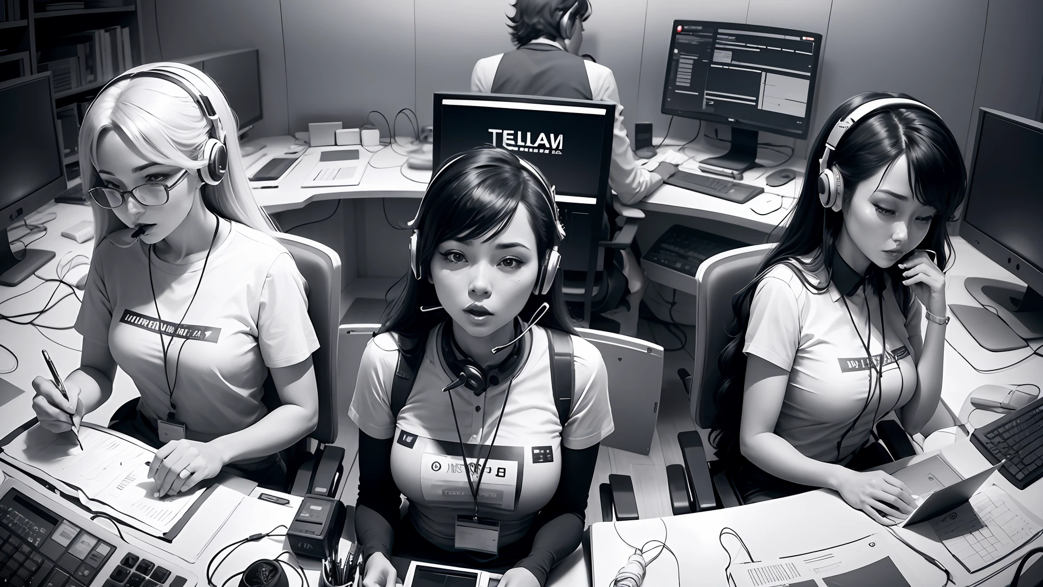 A monochrome vector with 4 people work with telemarketing, --auto --s2