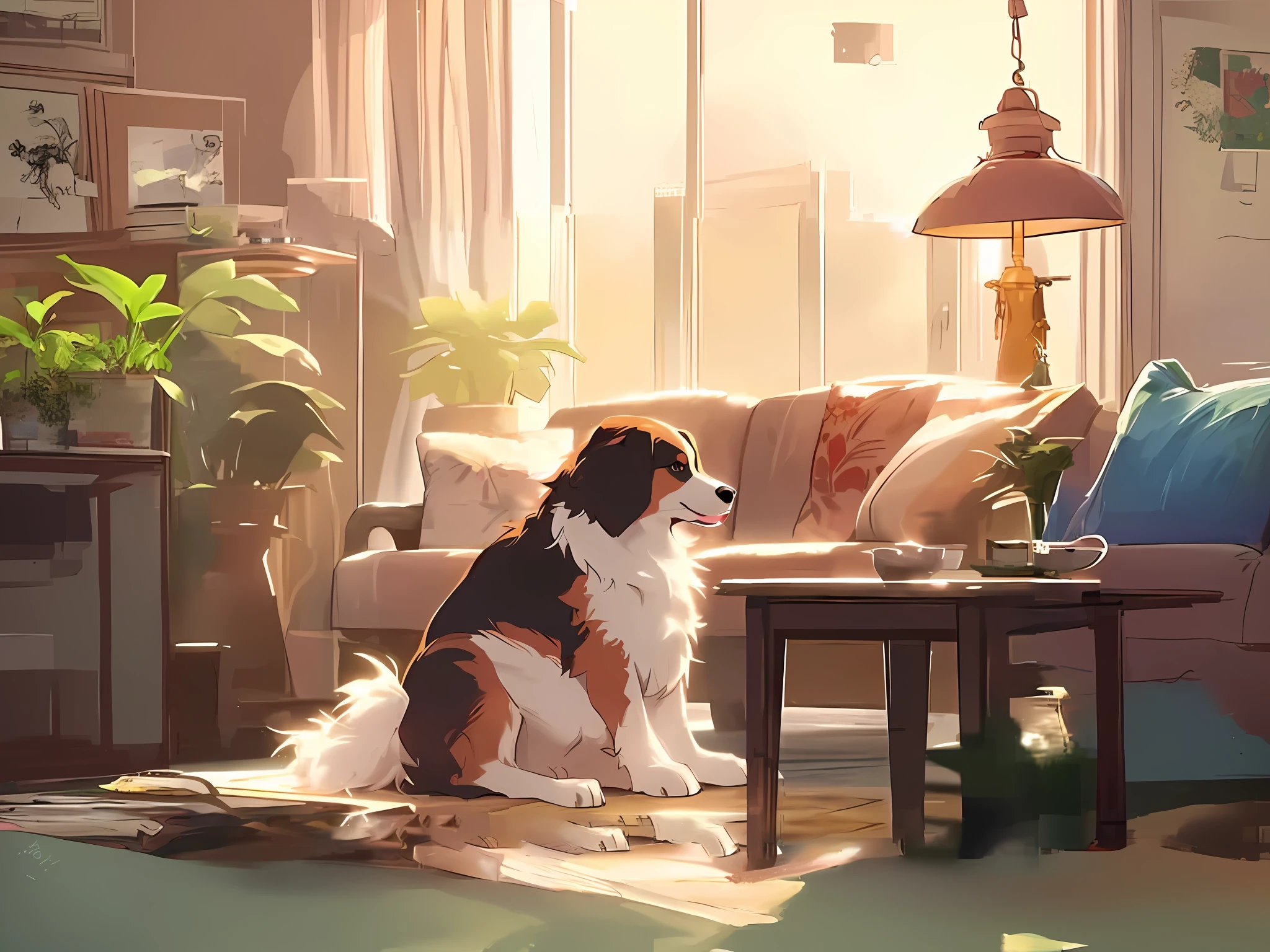 there is a dog sitting in the sun in a living room, relaxing concept art, adorable digital painting, cute detailed digital art, realistic style, by Yang J, realistic art style, lofi, lofi artstyle, realistic scene, beautiful digital illustration, lofi art, beautiful digital artwork, cute detailed artwork, amazing wallpaper, realistic illustration, highly detailed realistic