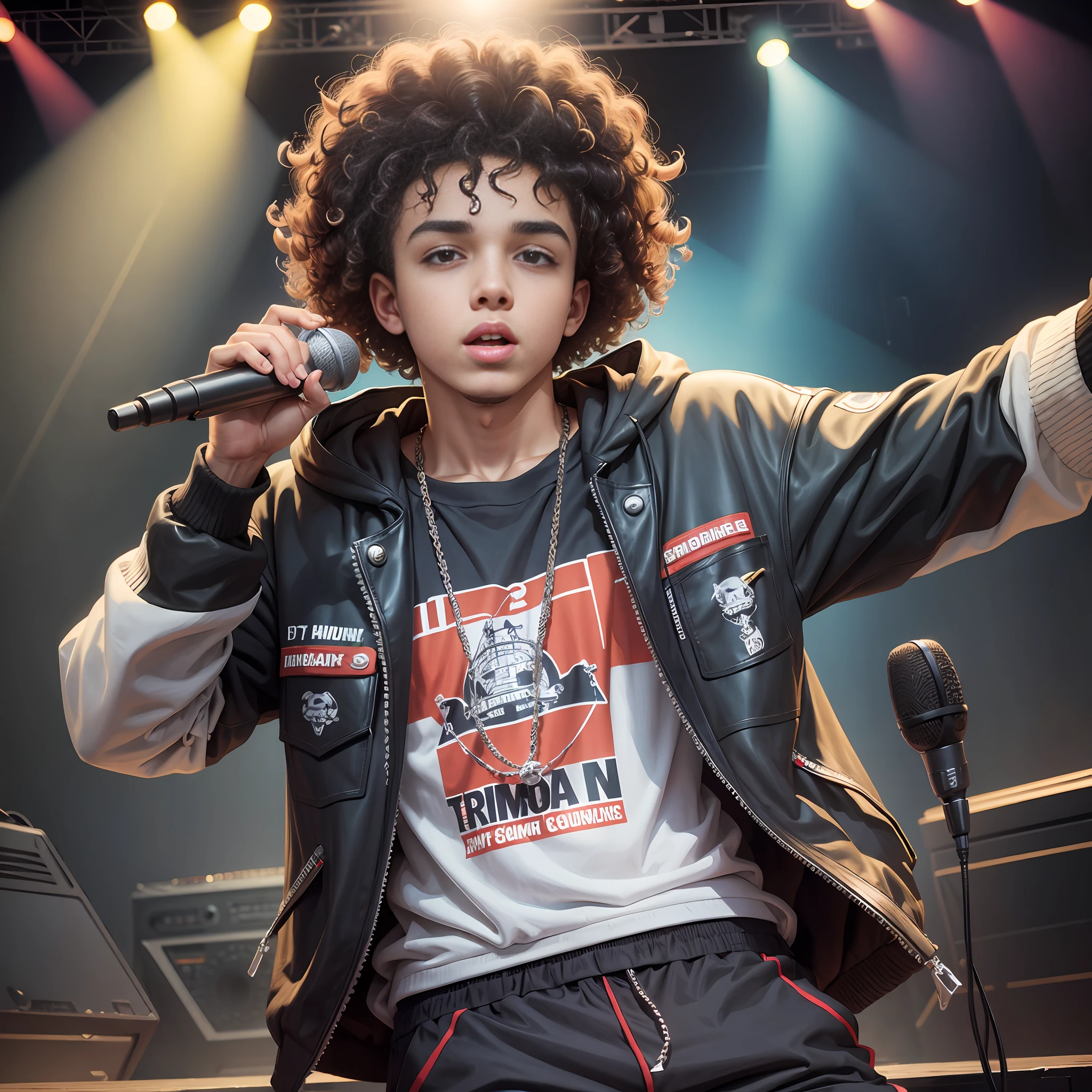 Boy with curly hair, hip hop outfit on a stage with microphone in hand, cartoon --auto --s2