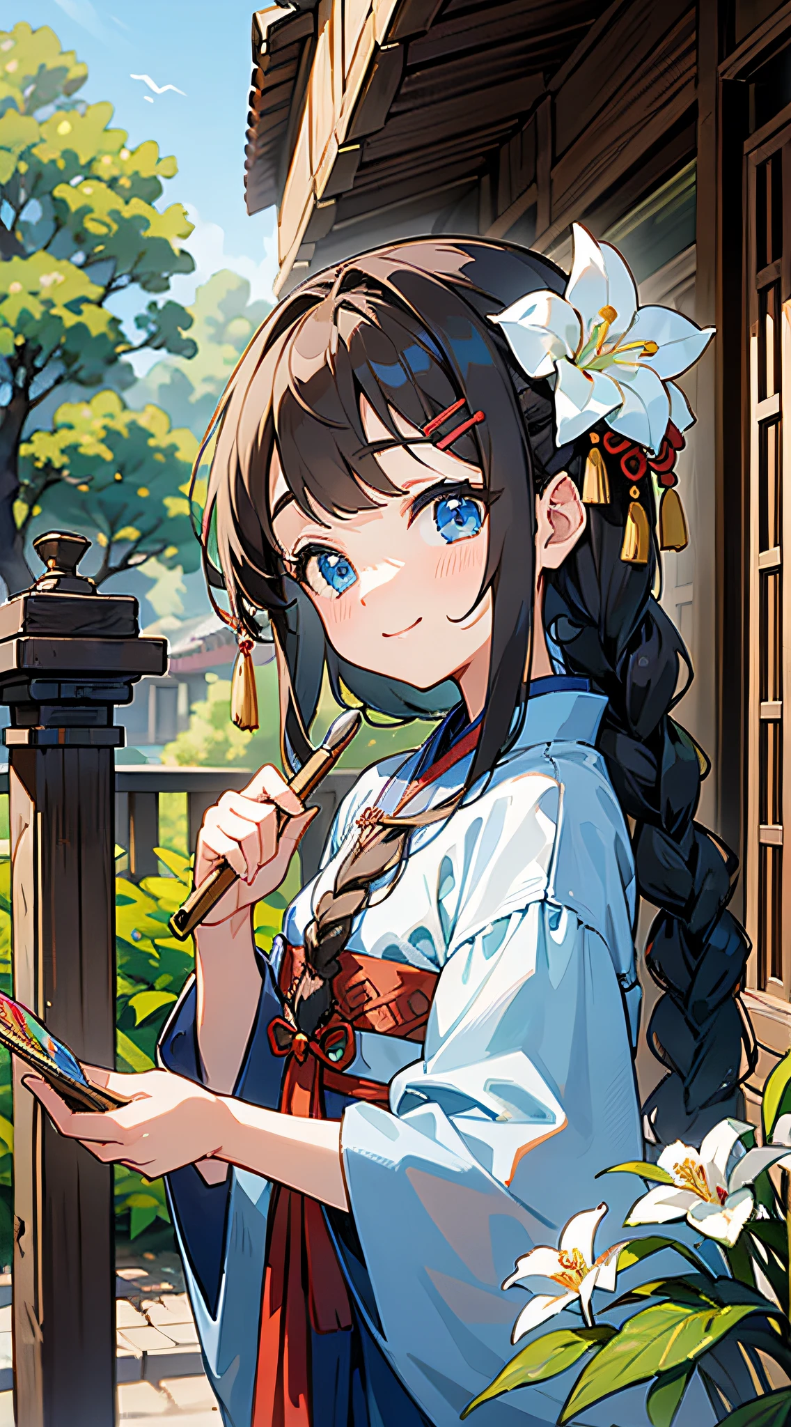 Masterpiece, super-high-resolution, cute girl, half-body, ancient Chinese style, short brown hair, blue Hanfu, flowing long hair, braids, flower embellishments, blue eyes, hairpins, cute little , cute cute cute, thick paint, gentle smile