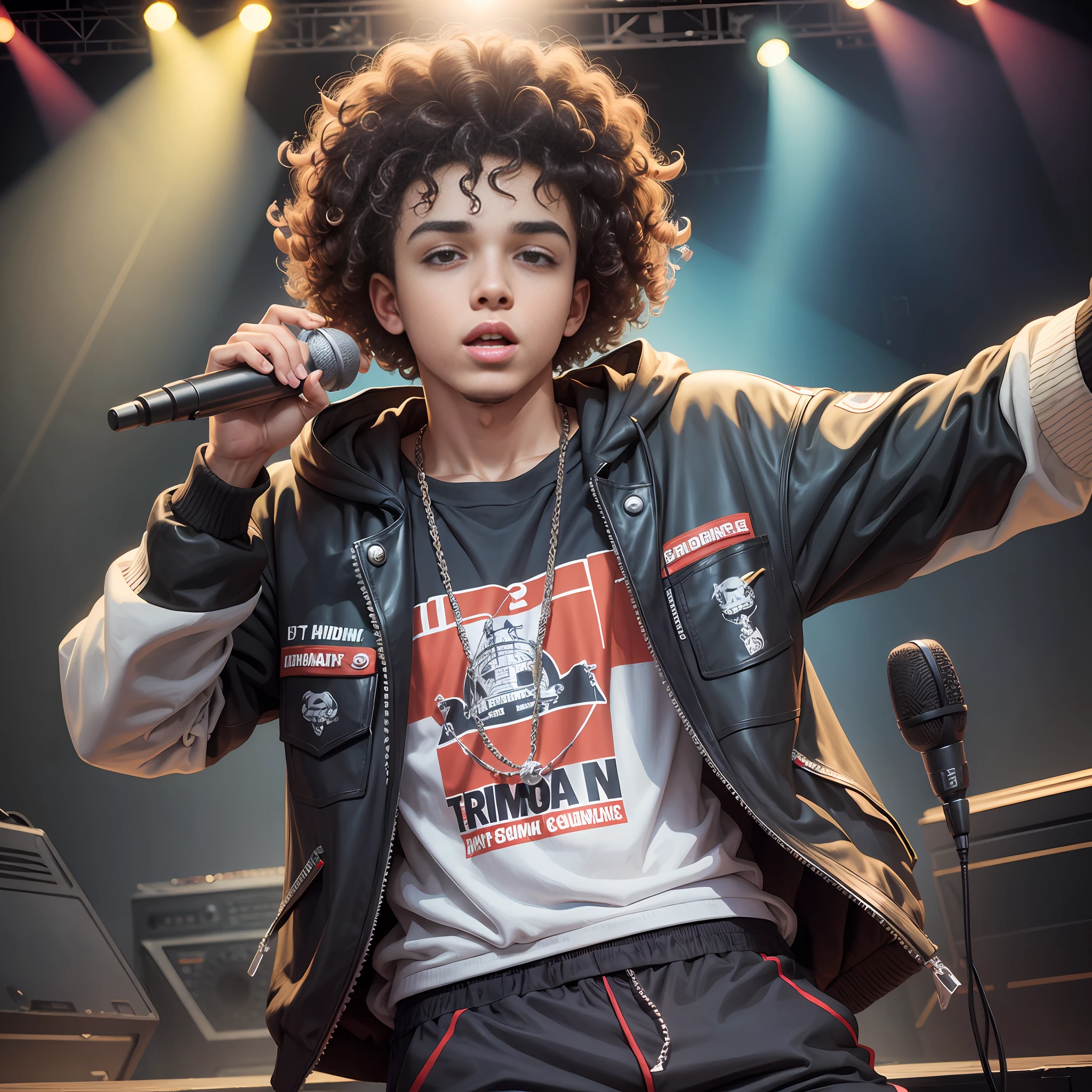 Boy with curly hair, hip hop outfit on a stage with microphone in hand, cartoon --auto --s2