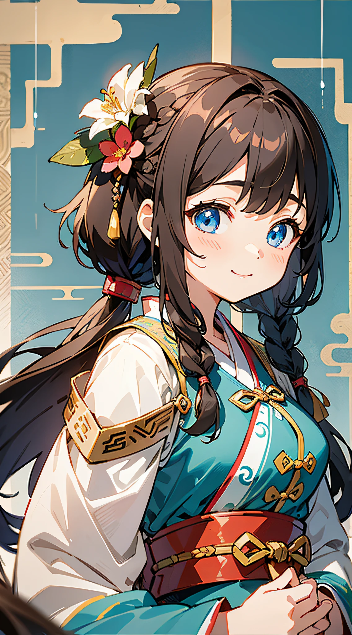Masterpiece, super-high-resolution, cute girl, half-body, ancient Chinese style, short brown hair, blue Hanfu, flowing long hair, braids, flower embellishments, blue eyes, hairpins, cute little loli, cute cute cute, thick paint, gentle smile